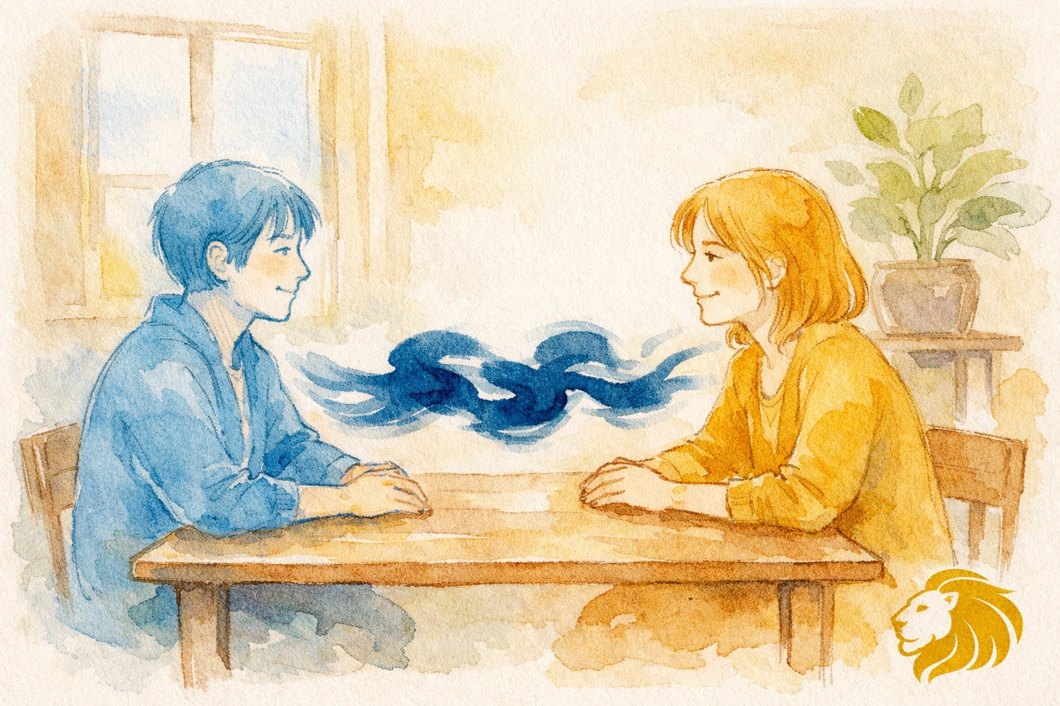 Two people in honest conversation at table illustrating healthy conflict resolution and direct communication