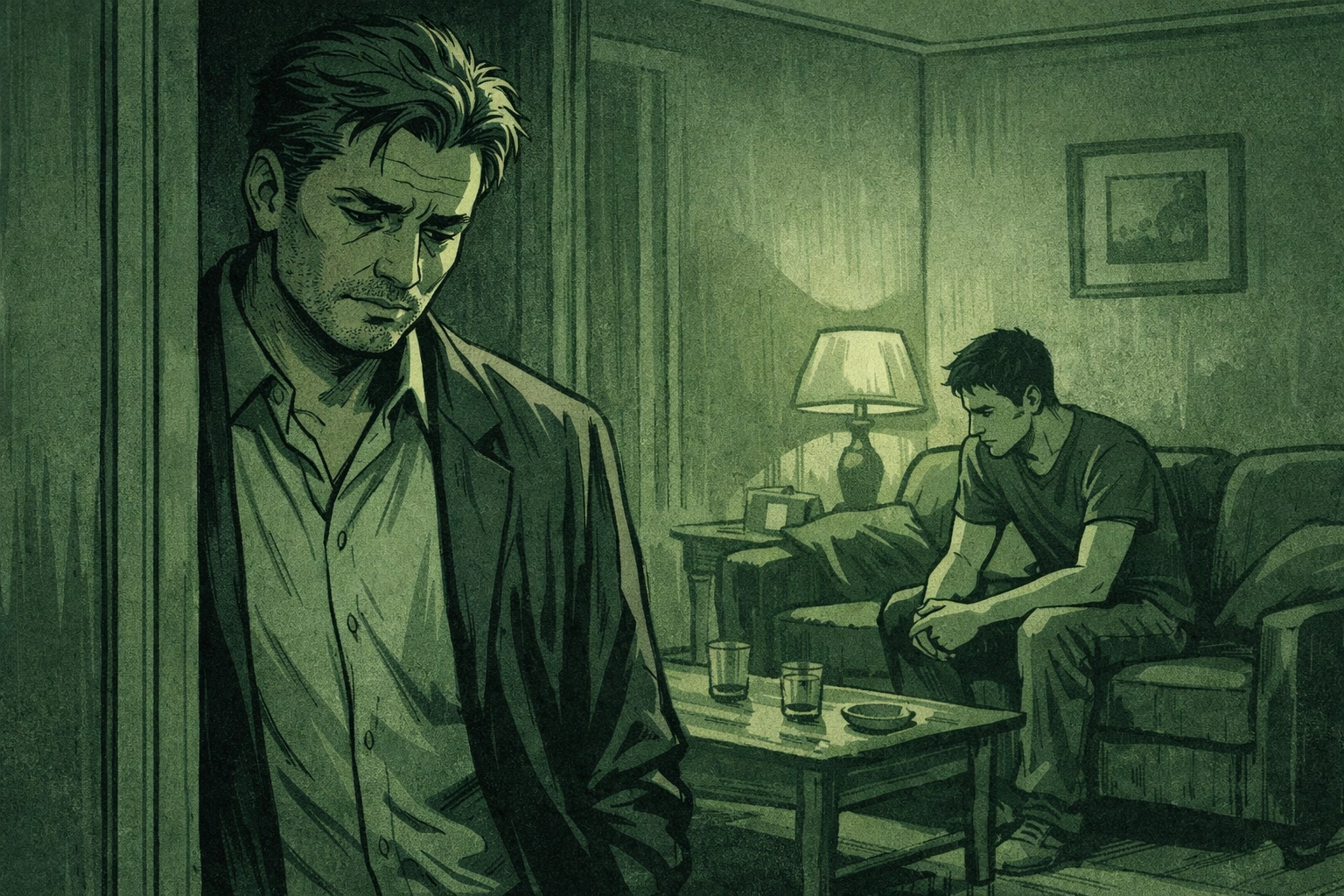 Older and younger man in domestic setting showing emotional distance in step-son MM romance narrative