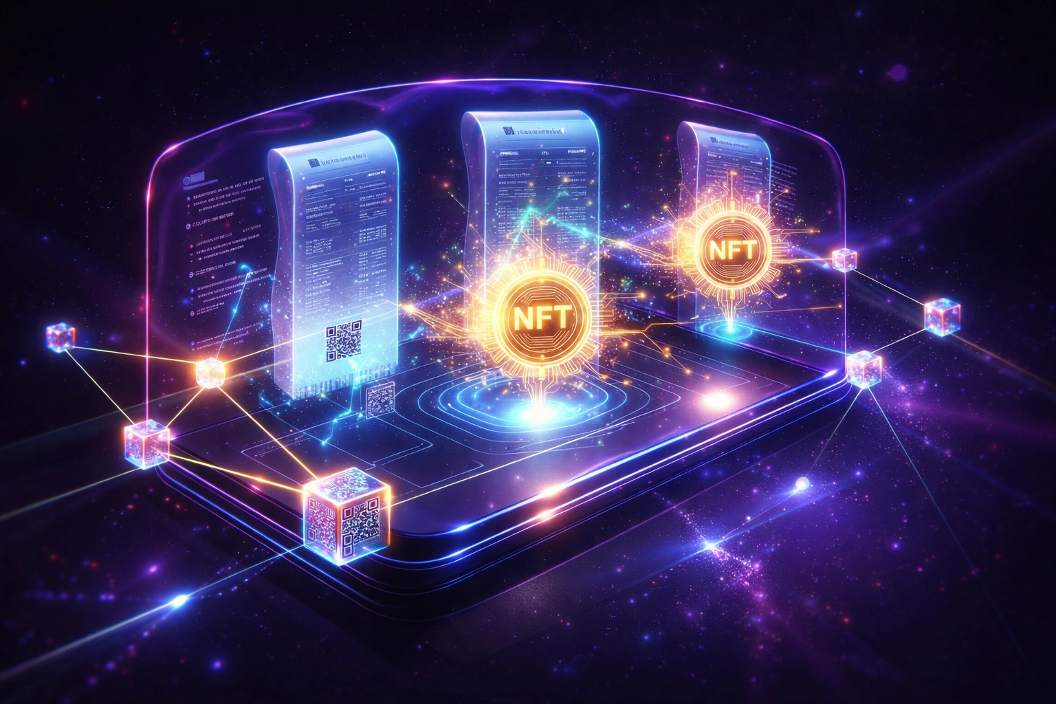 Digital dashboard visualizing NFT receipts for accounting and blockchain transaction records in Web3 payments.
