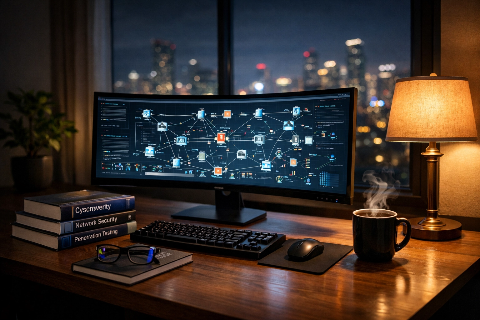 A professional cybersecurity study setup with network monitors and textbooks for CISSP and Security+ exam prep.
