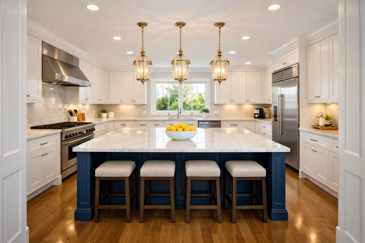 Spotless luxury kitchen with white cabinets after a professional deep cleaning in Wellesley MA.
