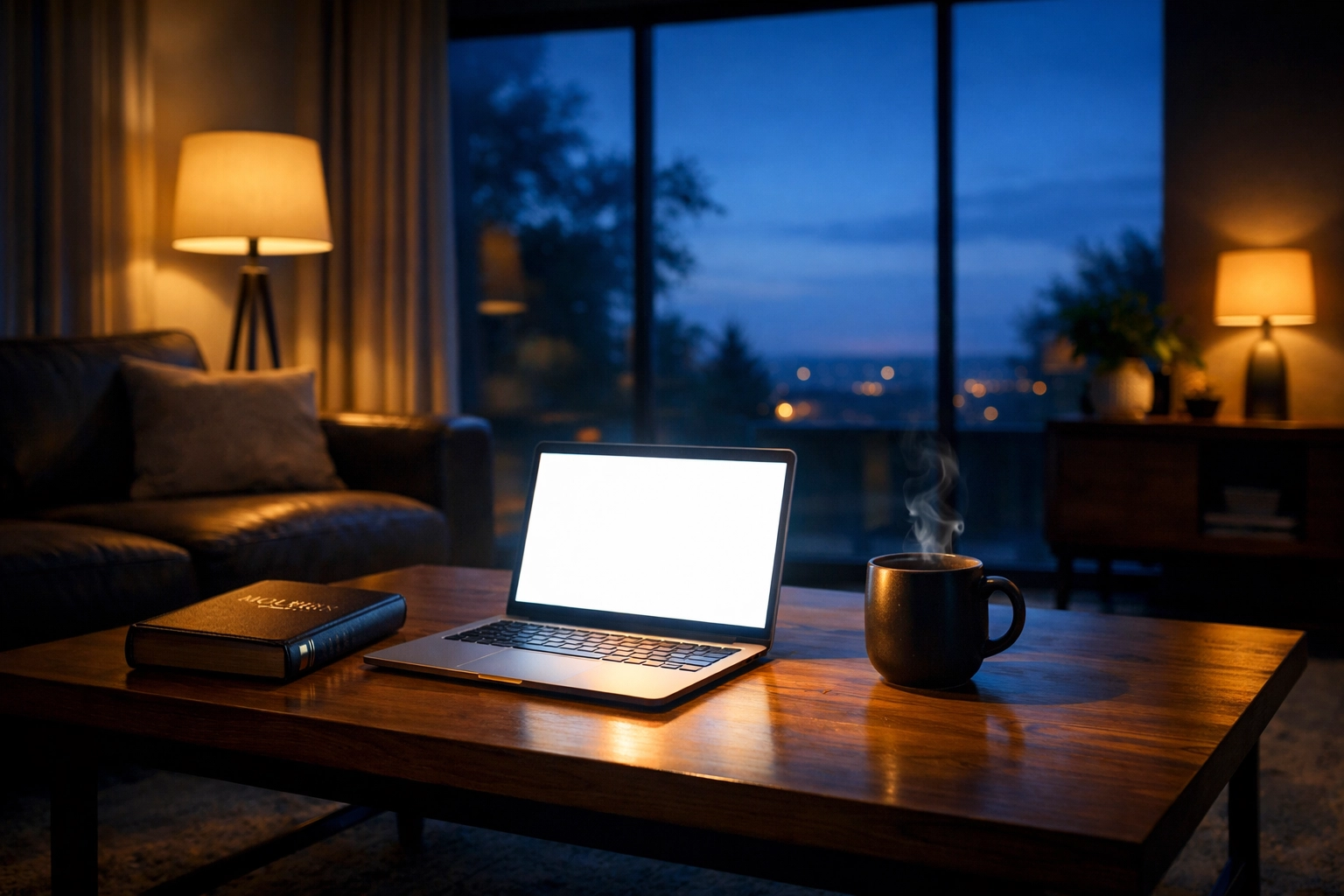 A Bible and laptop in a peaceful living room representing restorative online church fellowship.