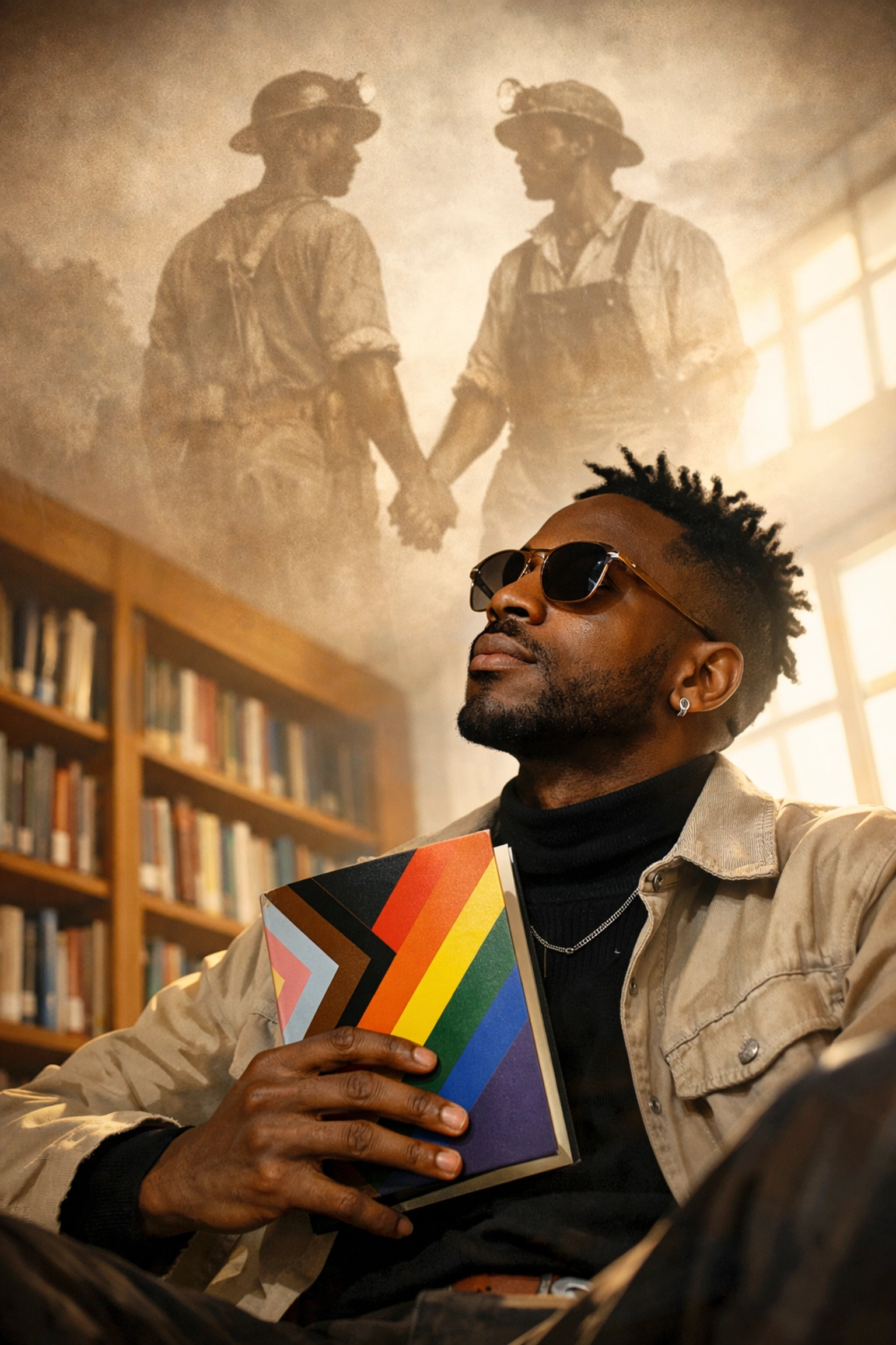A man in a library connecting with the history of gay miners through queer fiction and literature.