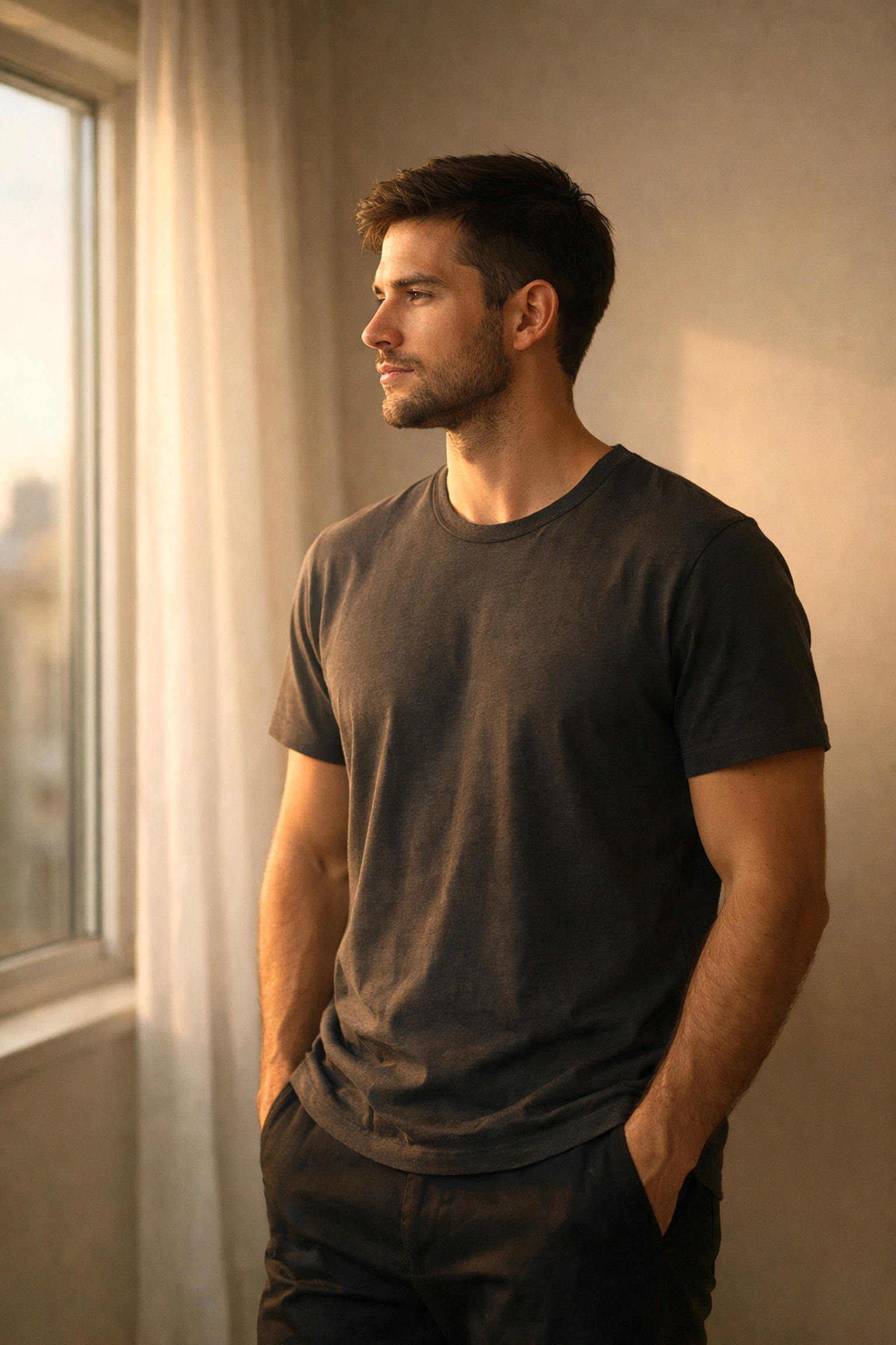Man wearing charcoal minimalist tee by window embodying confident high vibration energy