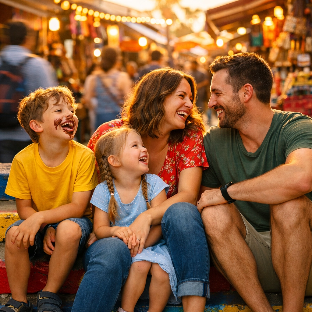 Candid family portrait of parents and children laughing during a vacation in a busy market.