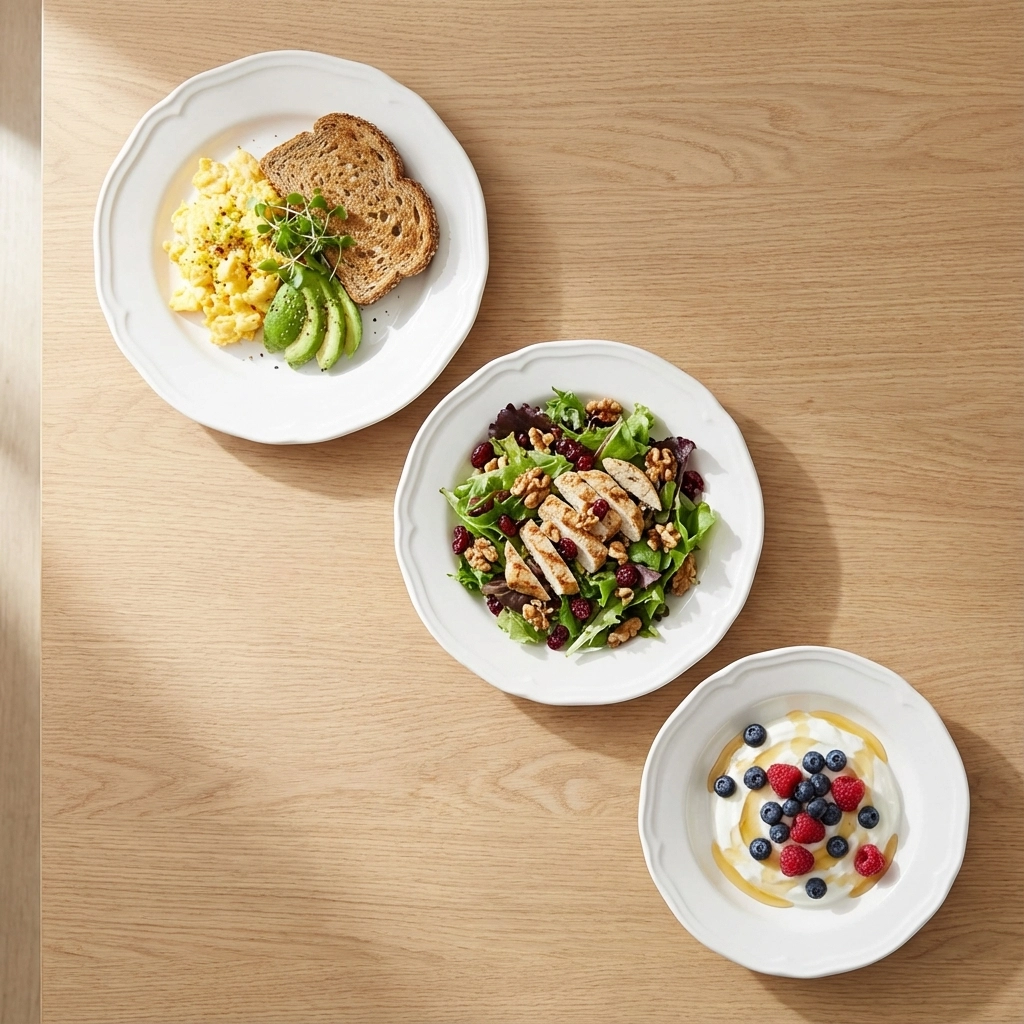 Three plates on a wooden table: scrambled eggs with toast and avocado, chicken salad with walnuts, and yogurt with berries and honey.