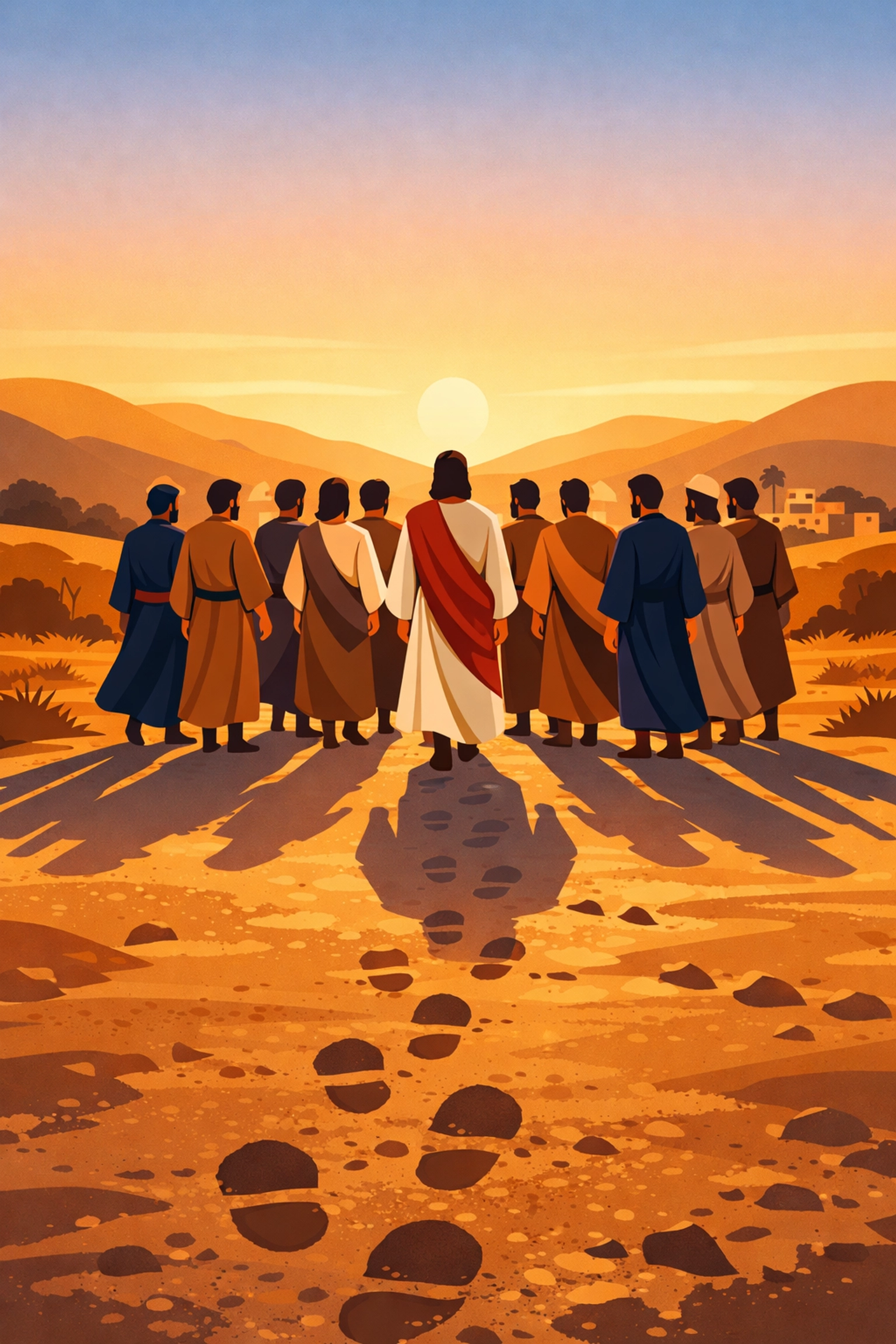 Jesus walking with His twelve disciples illustrating biblical leadership and discipleship model