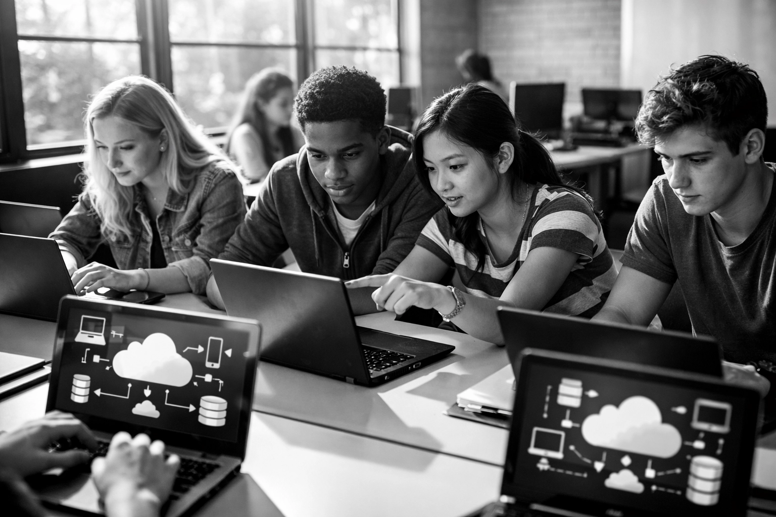 High school students learning tech skills in computer lab for early talent pipeline development