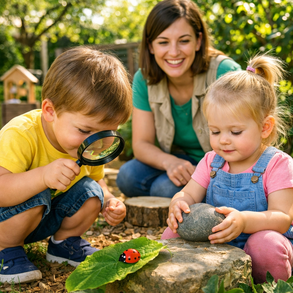 Toddlers and an educator exploring nature during a sensory walk at our early learning centre.