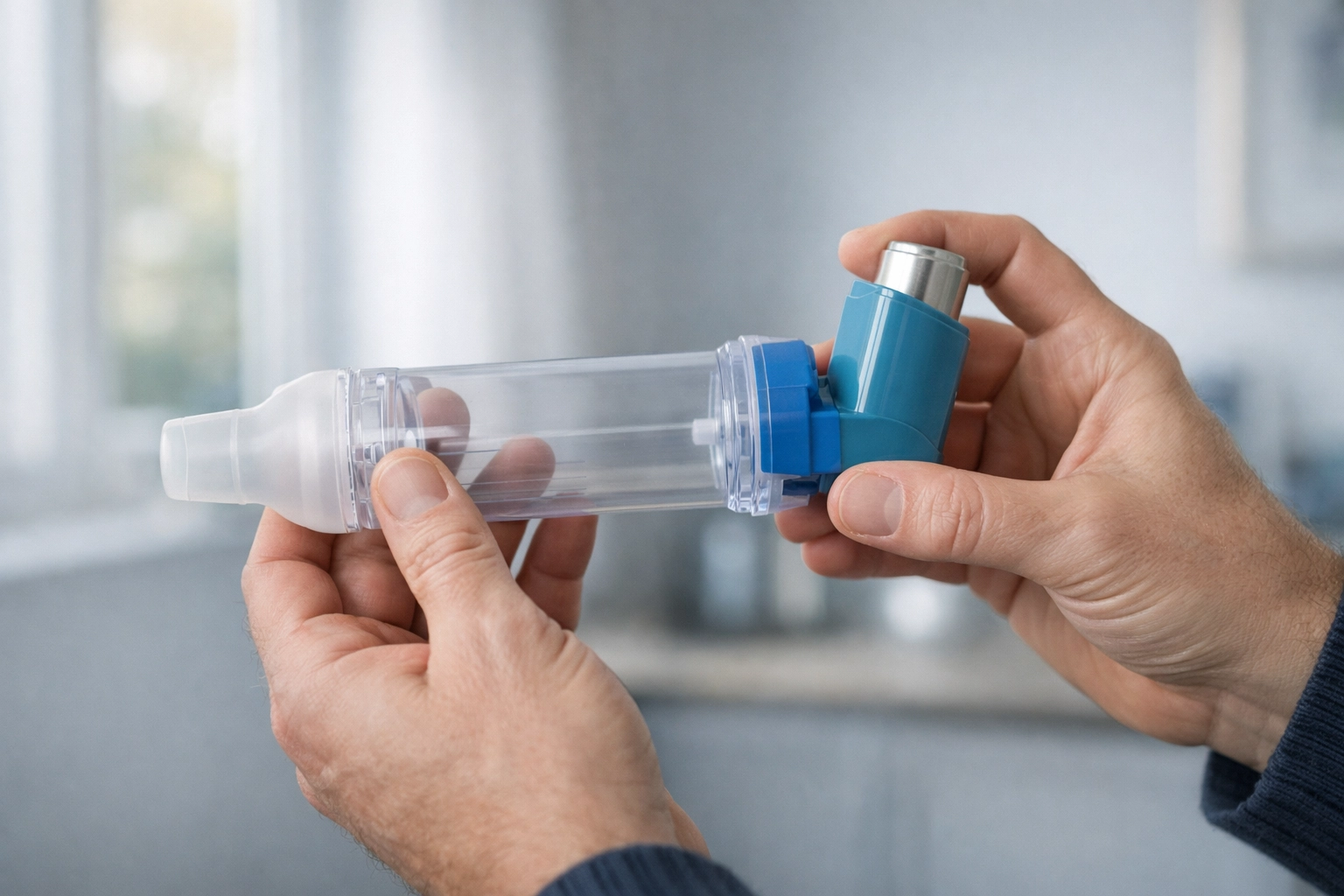 Hands holding a medical spacer and blue inhaler to manage asthma symptoms according to UK guidelines.