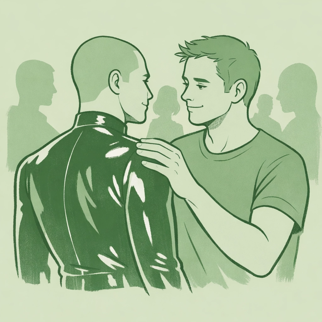 Two men connect intimately at gay fetish party, one in vinyl bodysuit, showing acceptance and community support