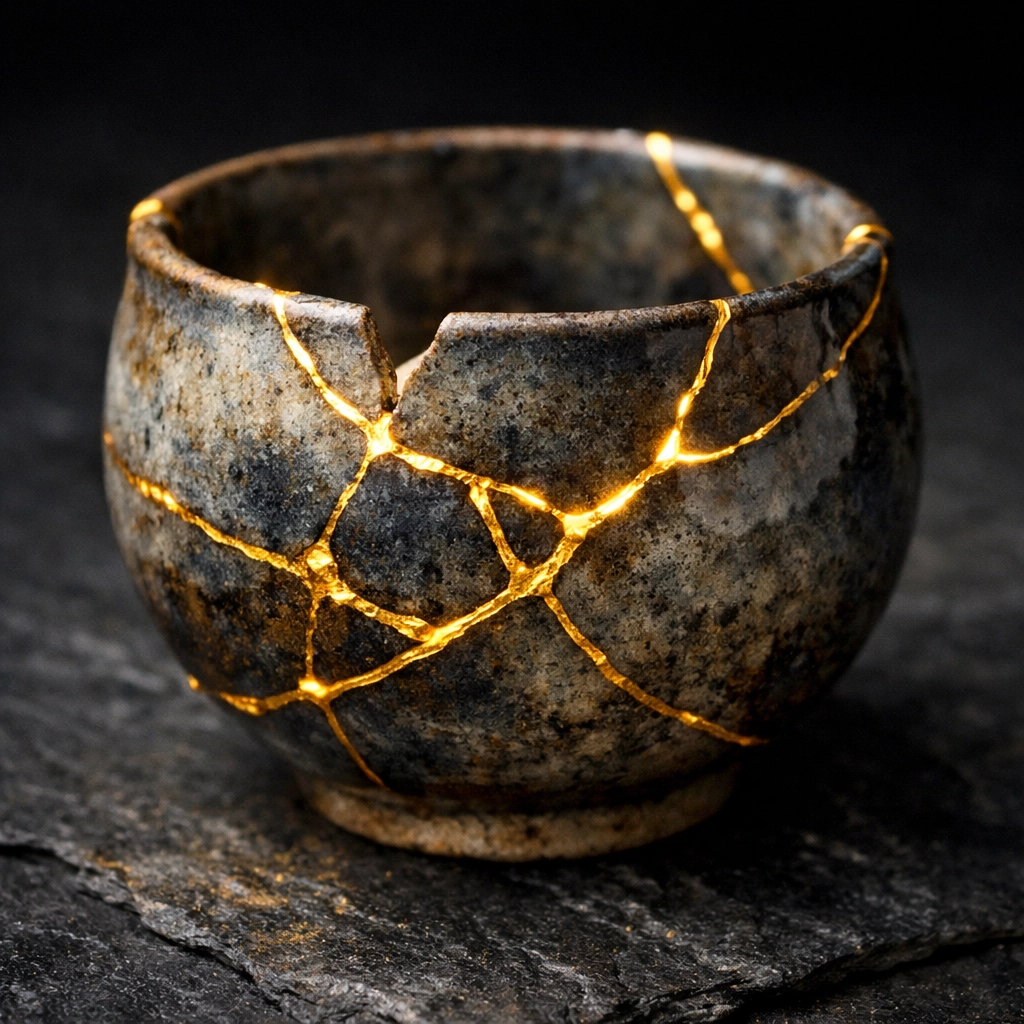 A kintsugi ceramic vessel repaired with gold, illustrating how past pain is transformed into a beautiful divine purpose.