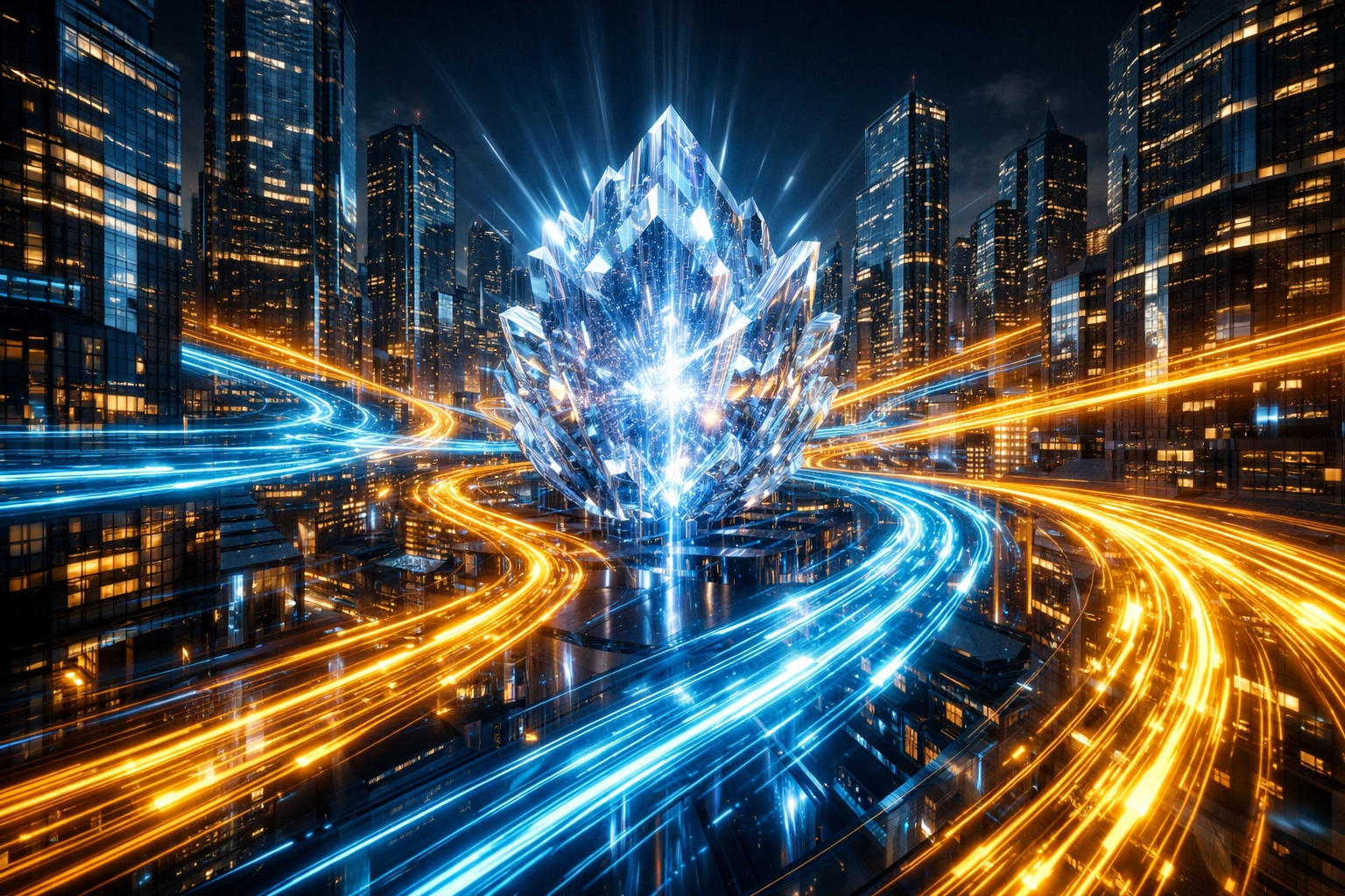 Neon digital highway illustrating automated AI routing for efficient Web3 payment processing and fee savings.