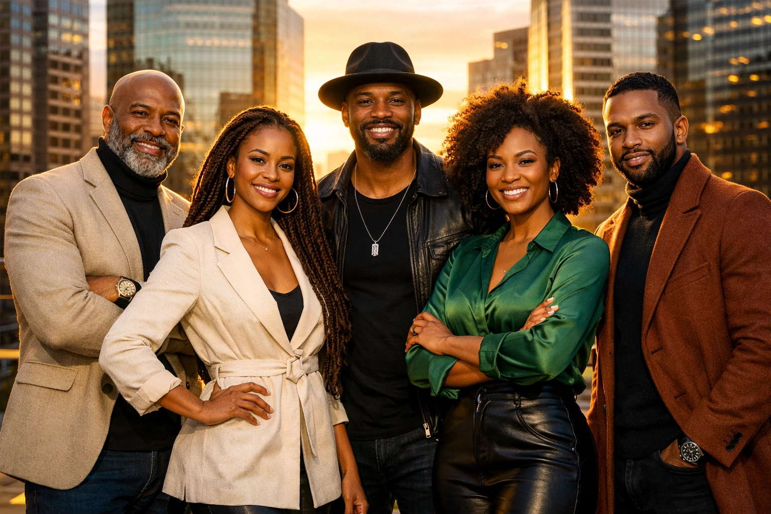 A diverse group of Black business owners standing together to celebrate community prosperity and unity.