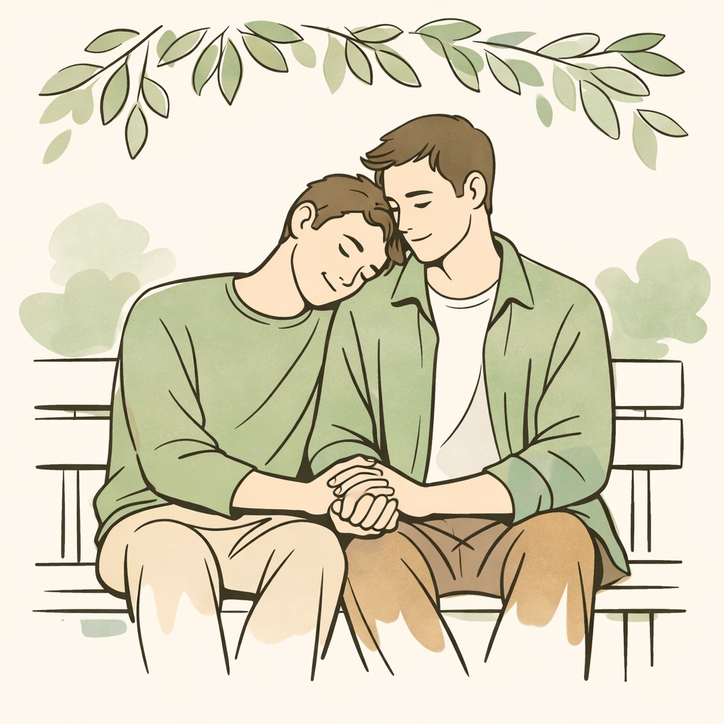 Minimalist drawing of a gay couple sharing an intimate moment, highlighting emotional depth in MM romance stories.