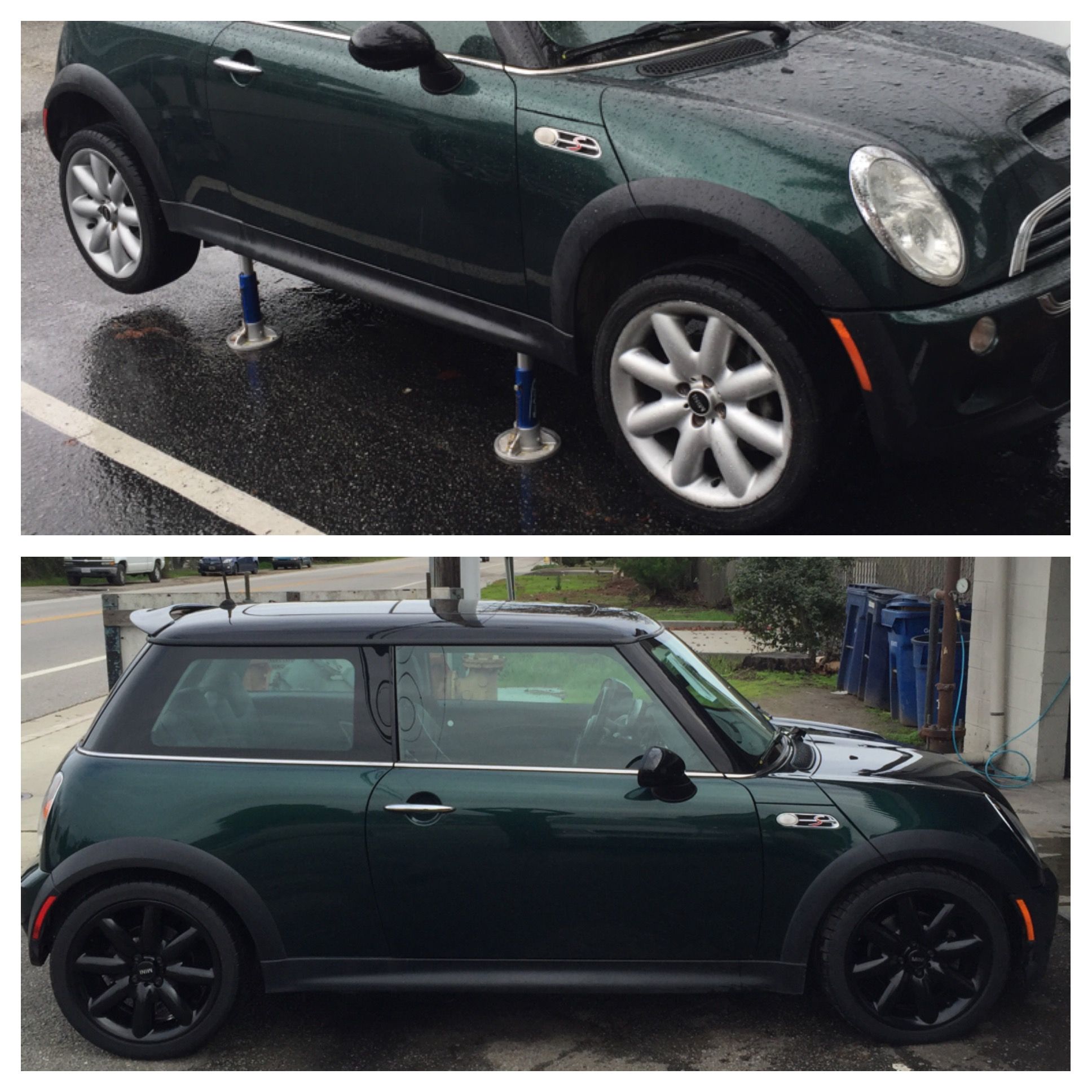 Before-and-after images of a Mini Cooper showing the OEM silver wheels (before) and freshly powder coated matte black wheels (after). Demonstrates the customized, durable finish provided by Powder Coat It for automotive rims, enhancing style and long-term protection.