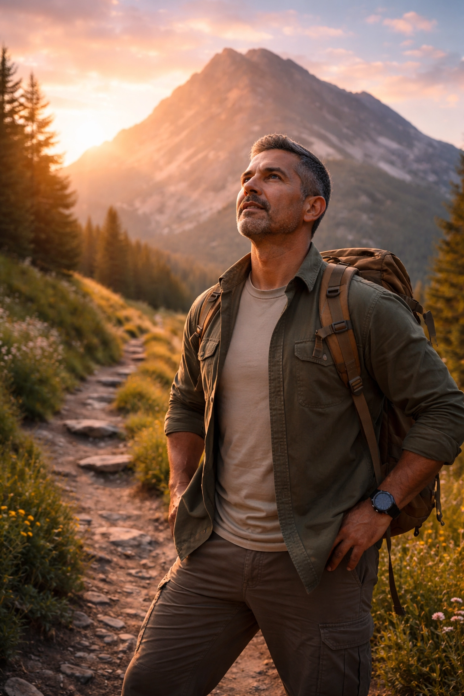 Latino man at sunrise gazing at a mountain peak, symbolizing courage and motivational affirmations