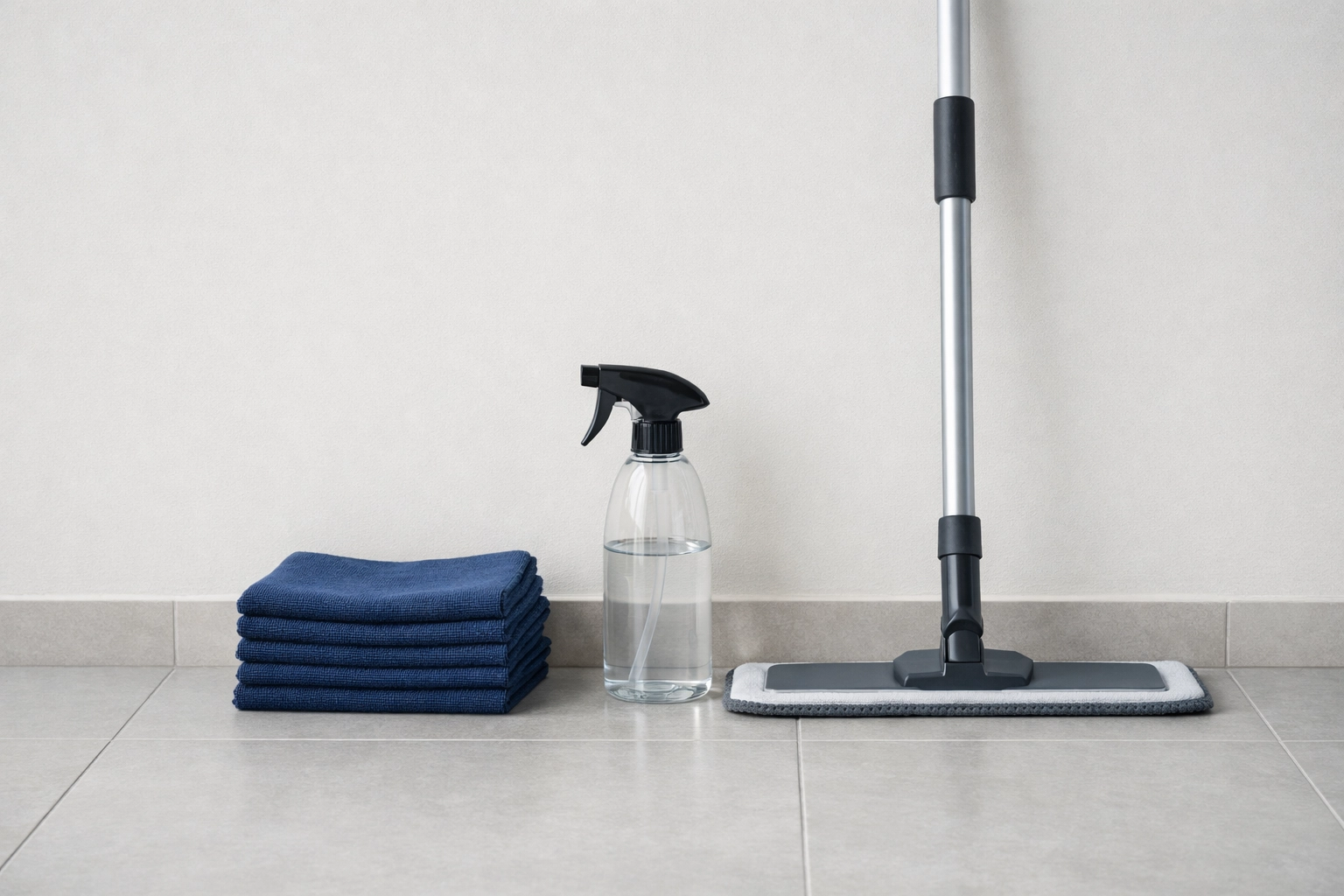Neatly organized professional cleaning supplies and equipment for reliable apartment turnover services.
