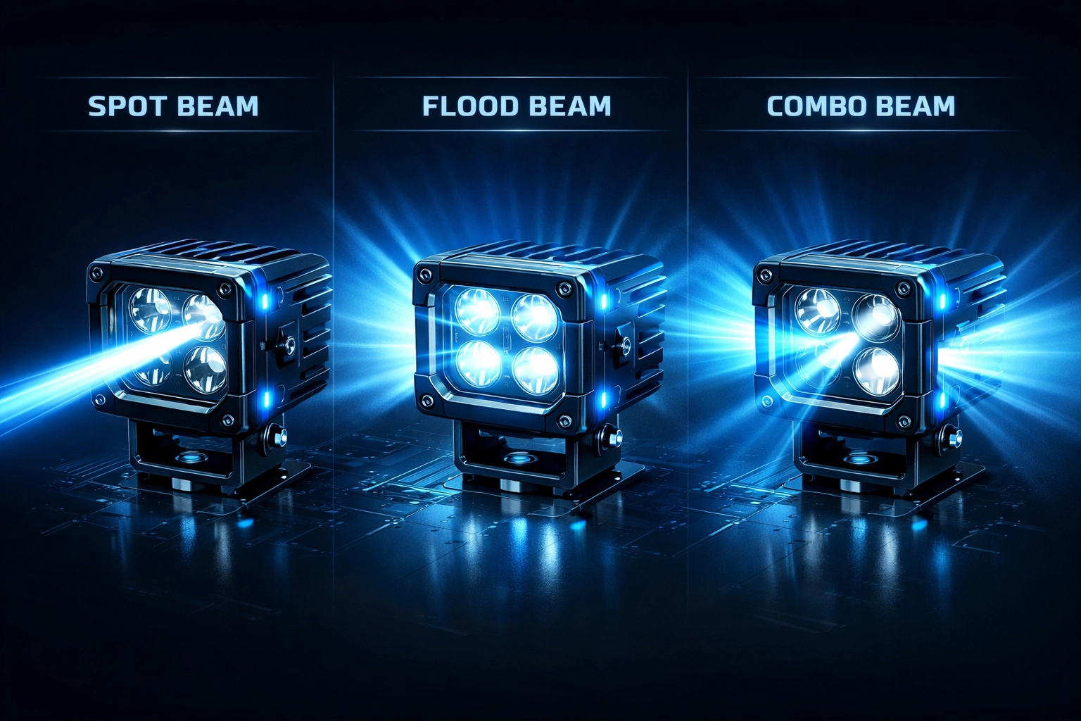 Off-road cube light beam patterns: spot, flood, and combo configurations compared side by side