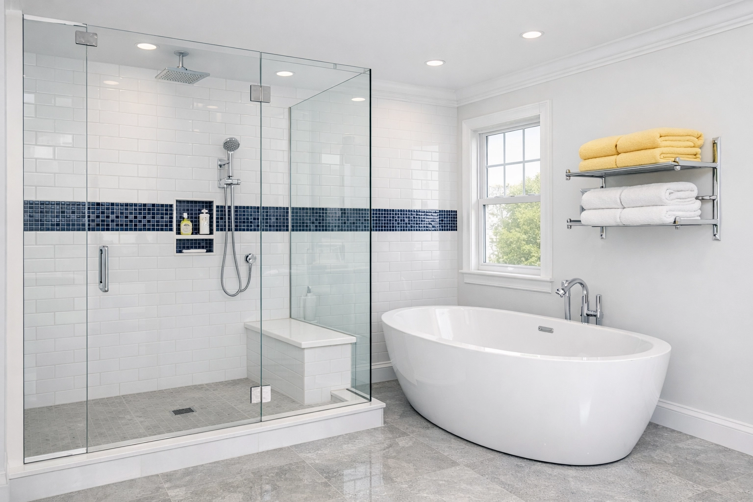 Professional Worcester home cleaning of a modern glass shower and freestanding tub.