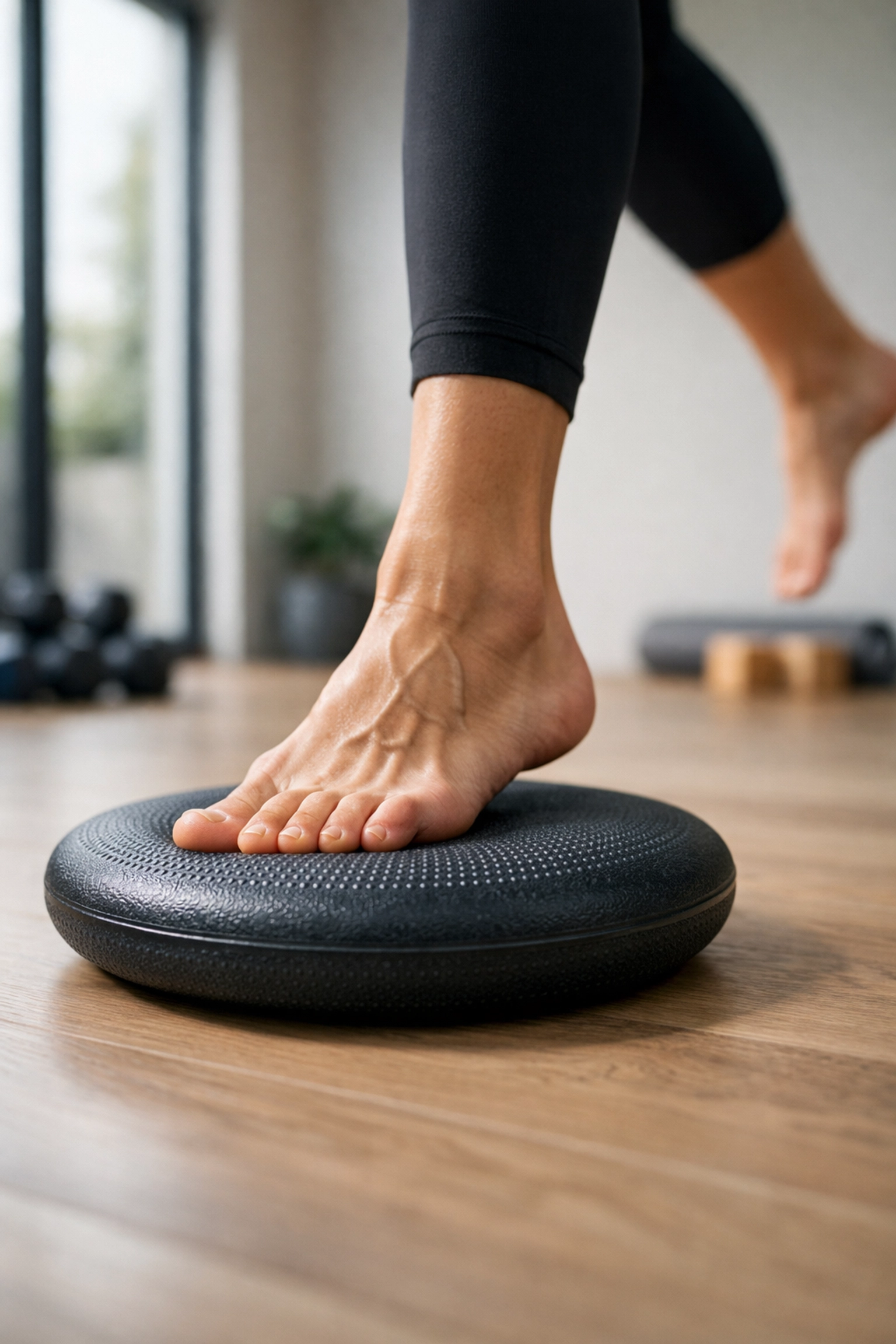 Person doing a single-leg balance drill on a stability disc for better proprioception and stability.