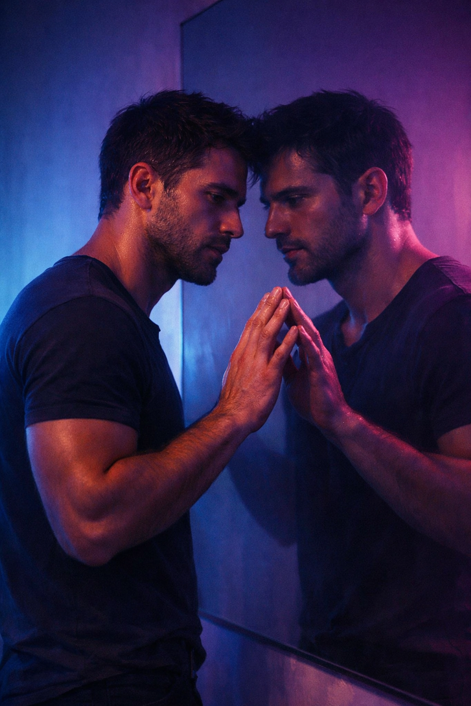 A man looking into a mirror reflecting on his identity discovery in a gay contemporary romance.