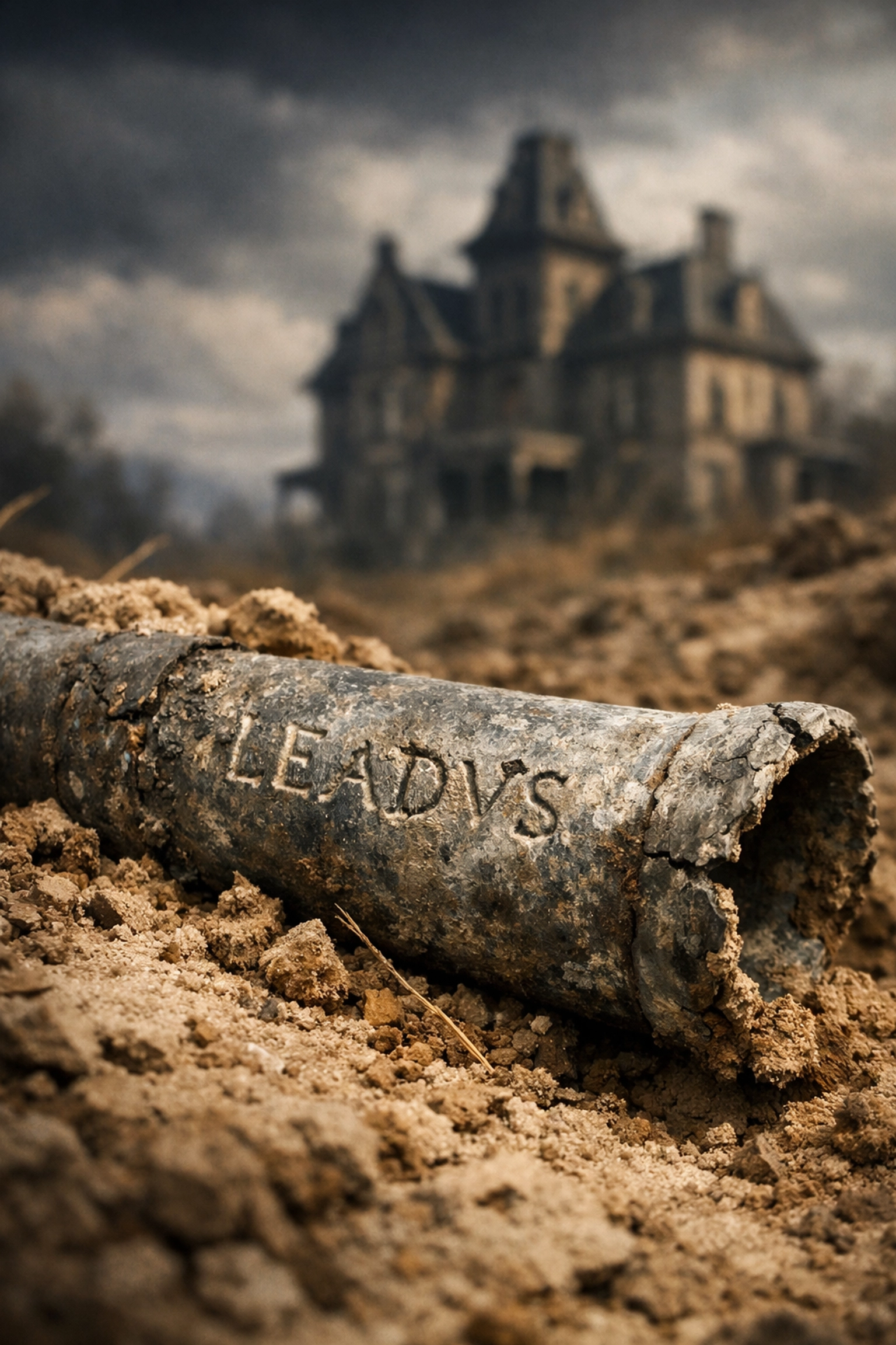 Ancient lead pipe and a historic Victorian home showing the legacy of lead-based paint usage.