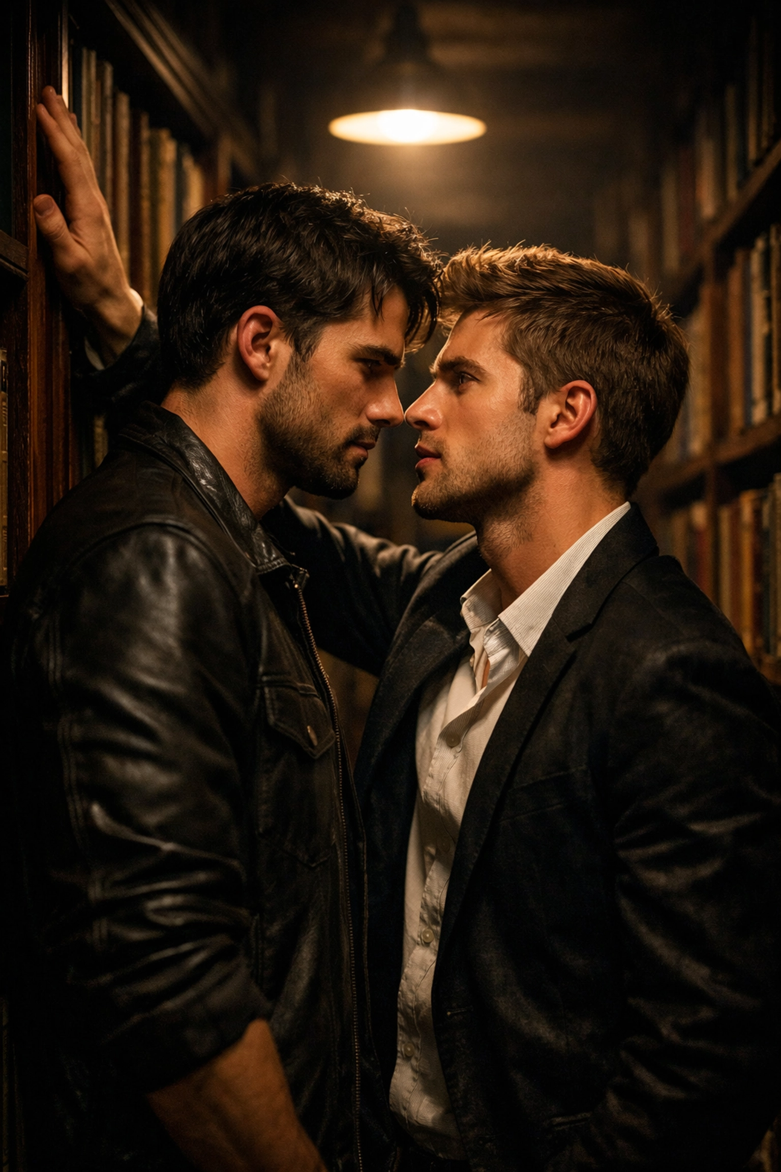 Two men in a library aisle sharing intense eye contact, illustrating the popular enemies-to-lovers MM romance trope.