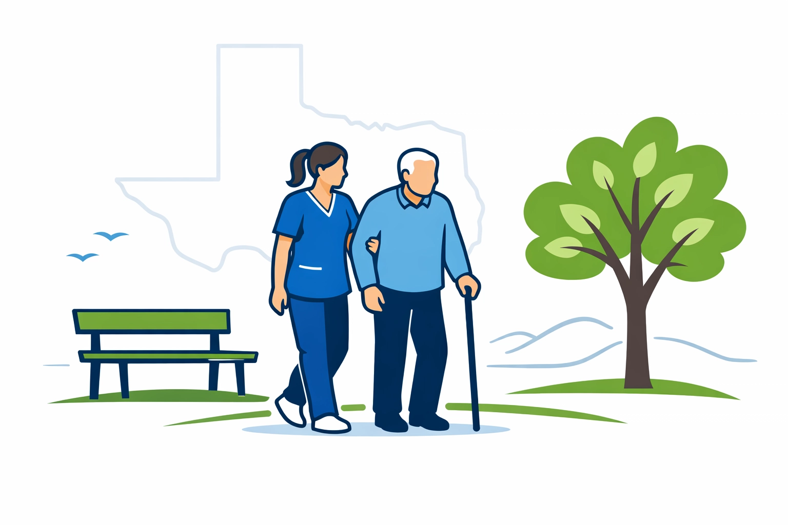 Caregiver and senior walking outdoors, highlighting supportive care services and active living in Texas.