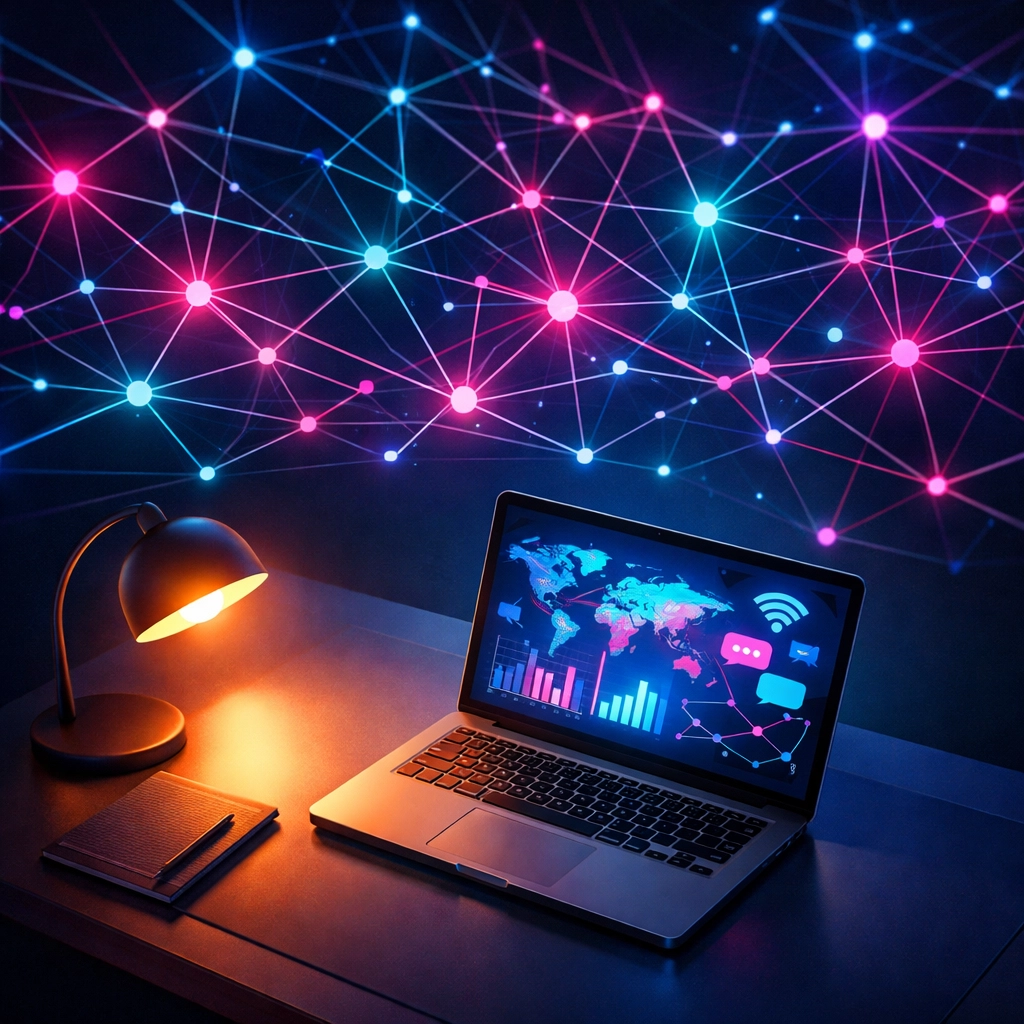 Digital connection network and laptop representing audience engagement - Simon Leung speaking guide