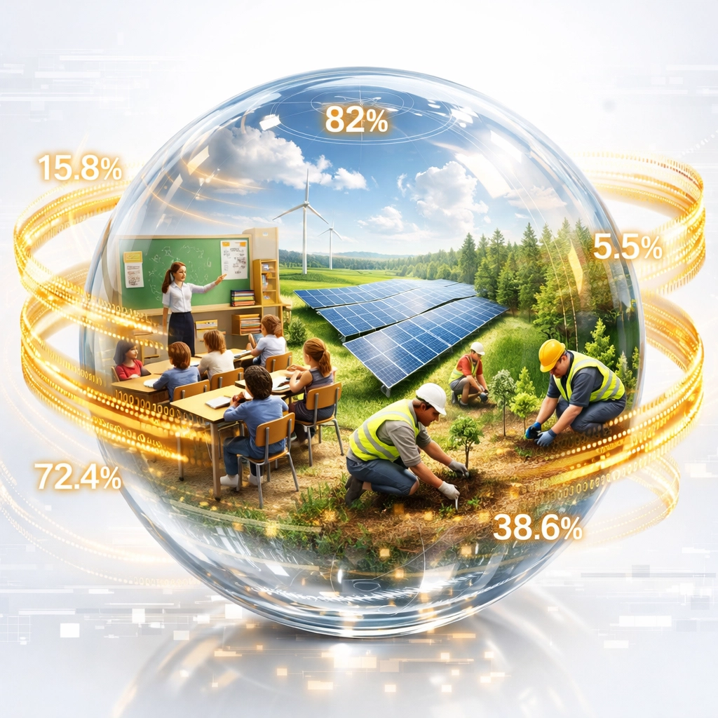 Global impact visualization showing education, renewable energy, and reforestation funded by crypto transactions