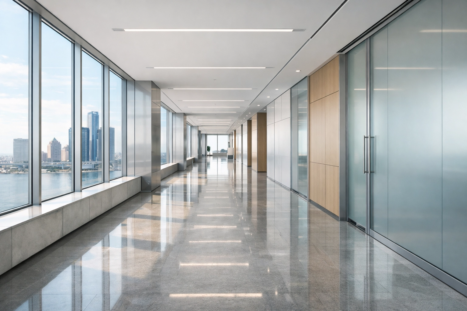 Pristine, polished corridor in a modern Detroit corporate office reflecting professional property management cleaning standards.