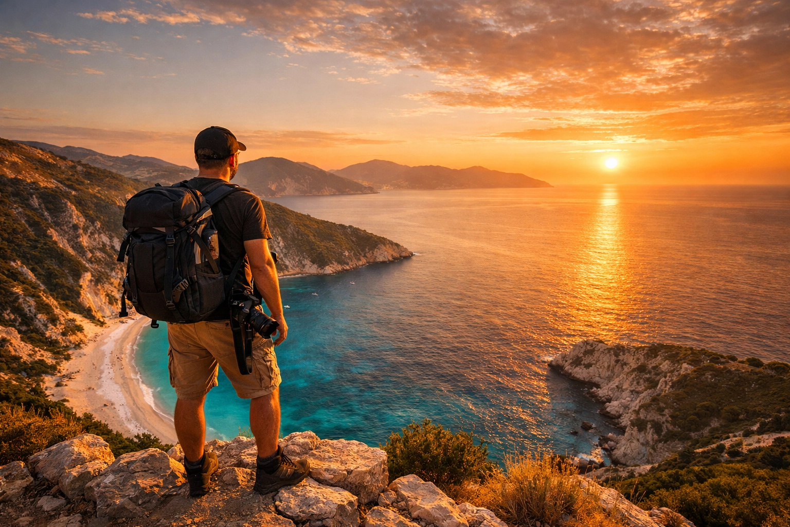 Traveling photographer with a backpack at a scenic sunset overlook, showcasing global photography work.