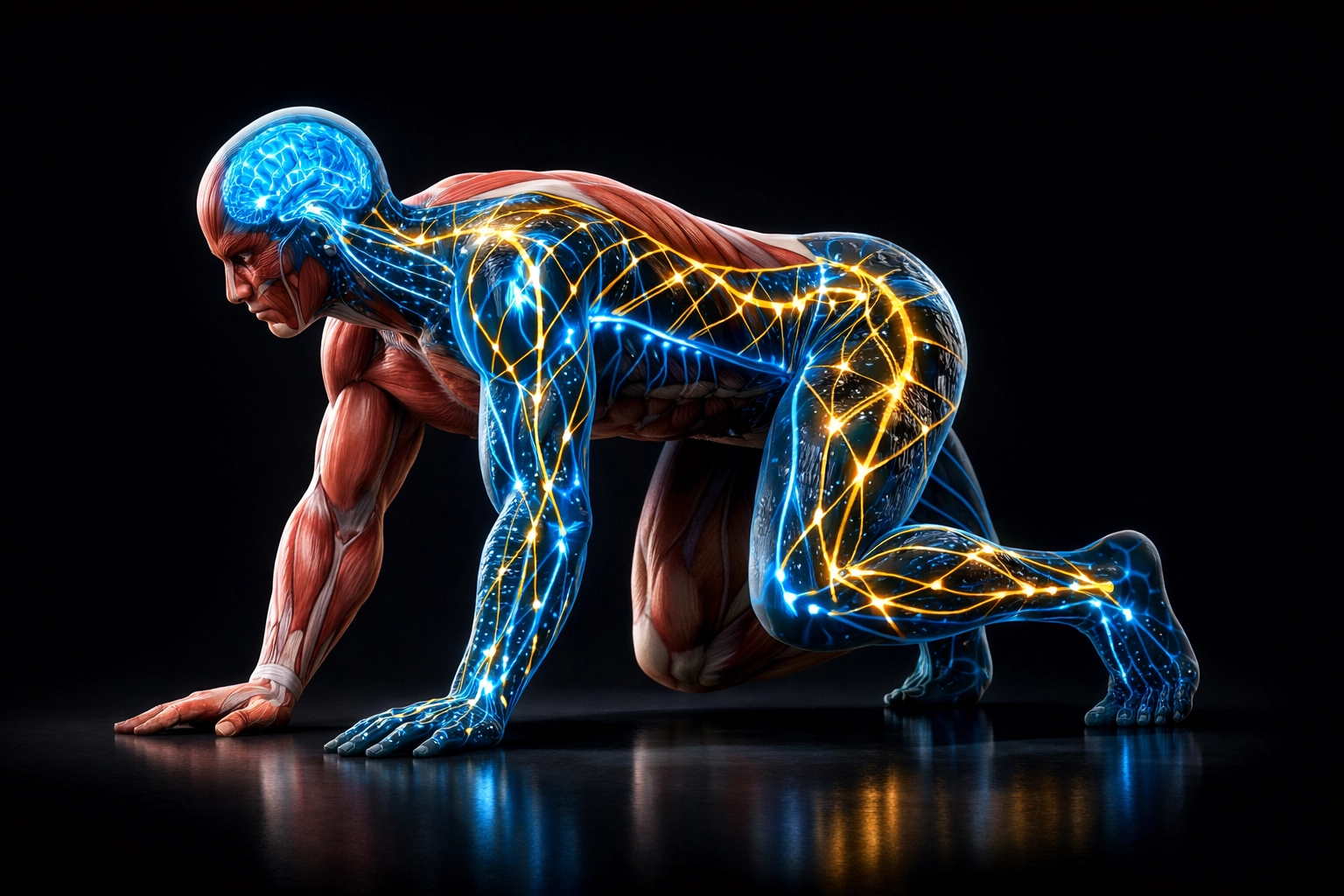 Visualization of muscle recruitment and neural activation during a functional Beast crawl exercise.