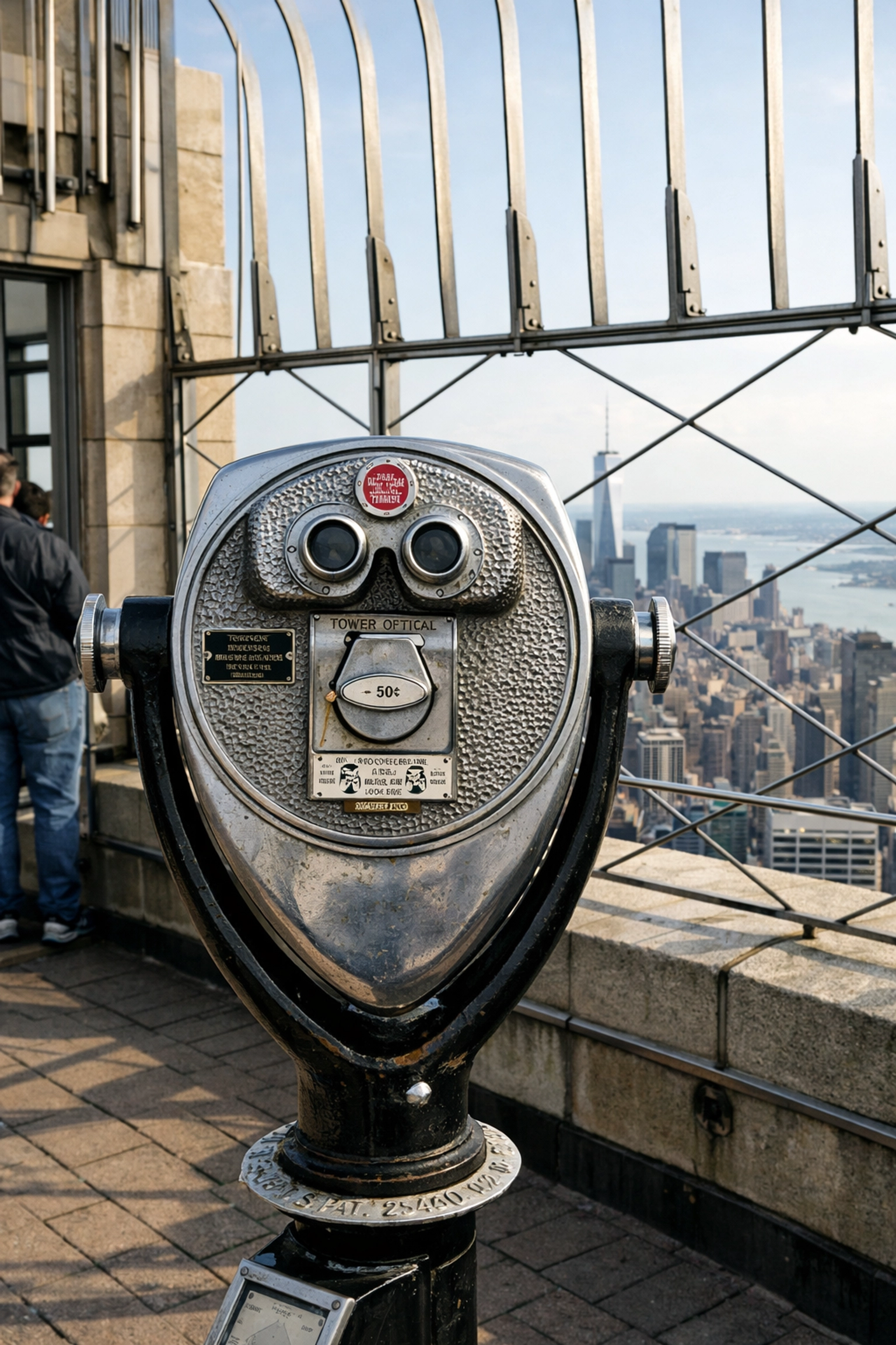 Vintage binocular viewer on the Empire State Building 86th-floor deck overlooking the Lower Manhattan skyline.