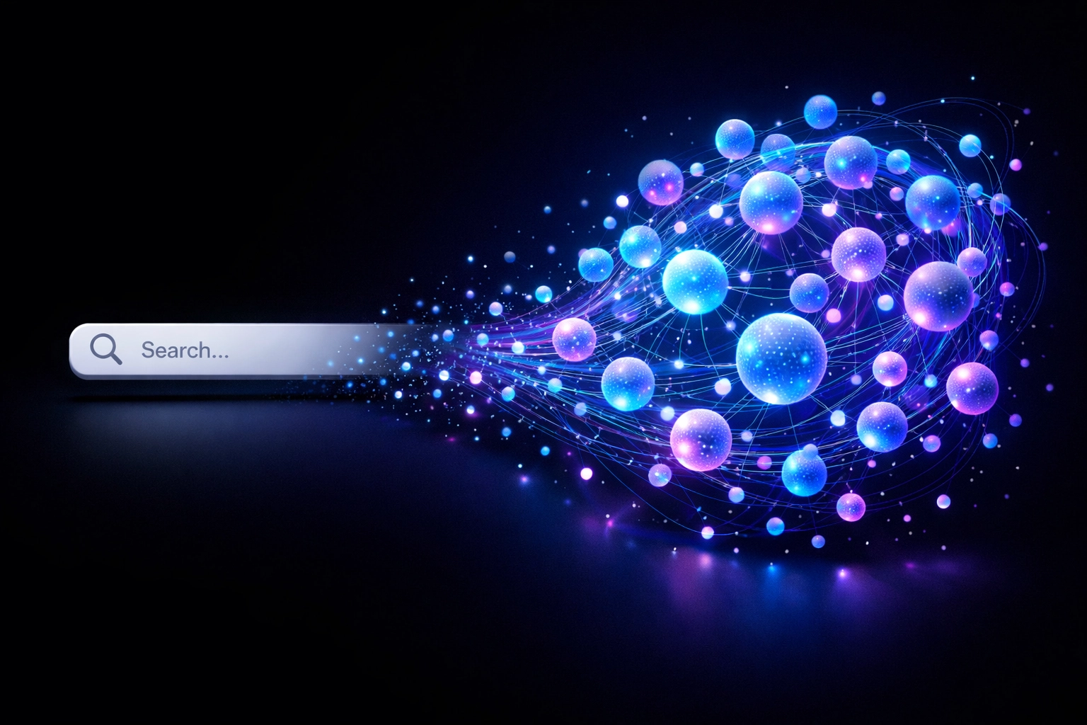 Digital network representing the evolution from Google search bars to conversational AI search platforms.