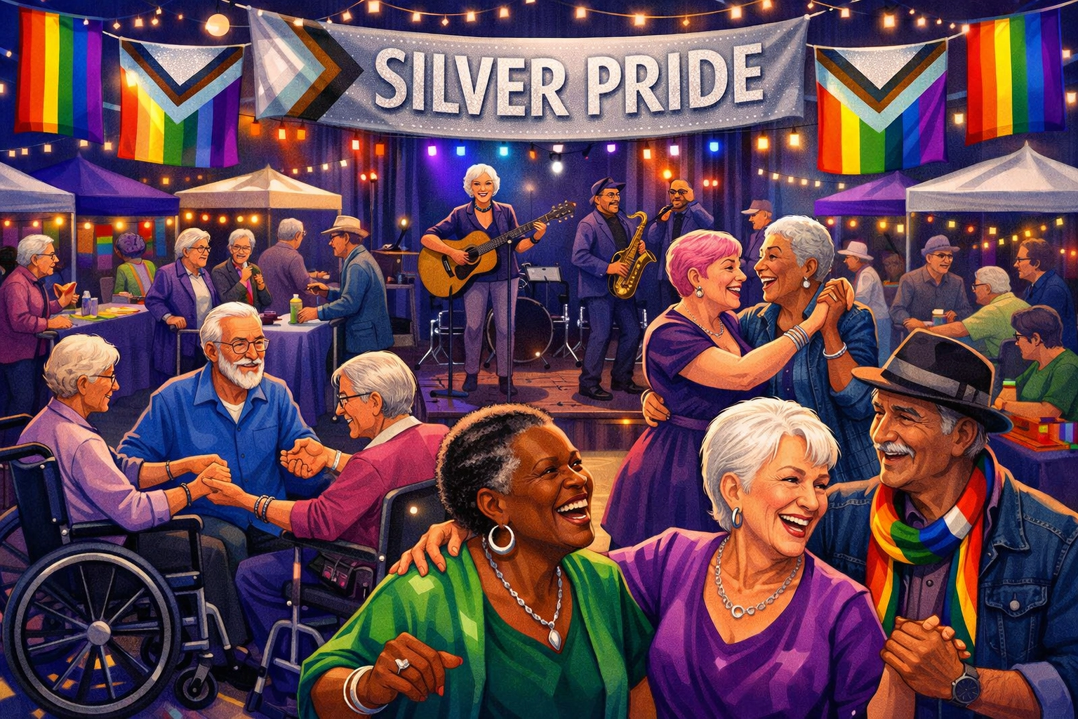 LGBTQ+ seniors celebrating at Silver Pride event with rainbow and silver Pride flags