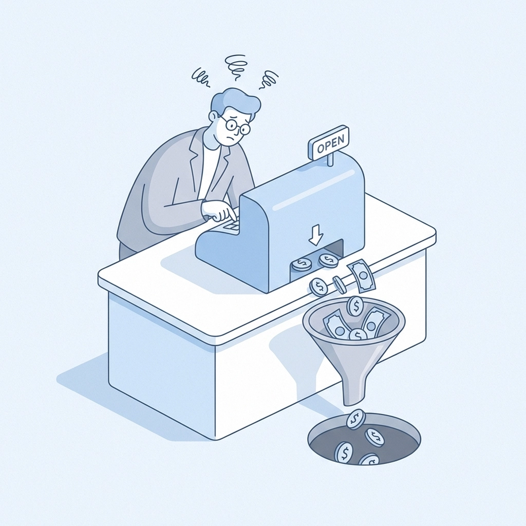 Stressed business owner watching money flow from a register, visualizing cash drain in MCA borrowing cycles.
