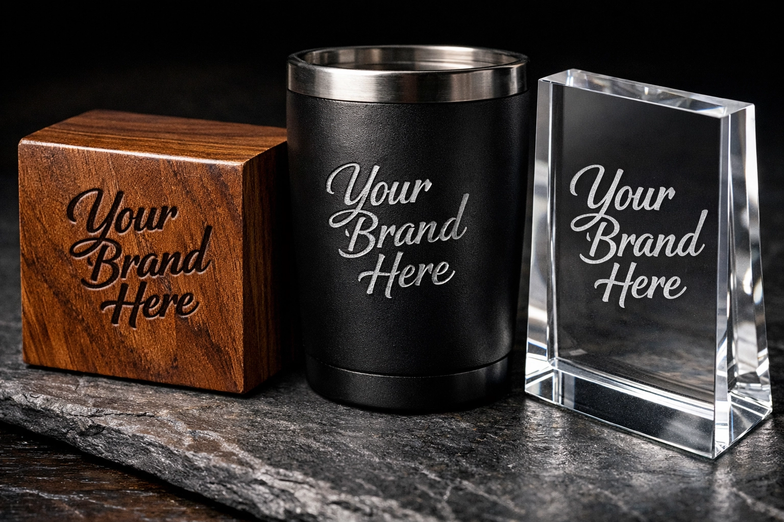 Detailed custom laser engraving on a walnut wood plaque, matte black tumbler, and clear acrylic award.