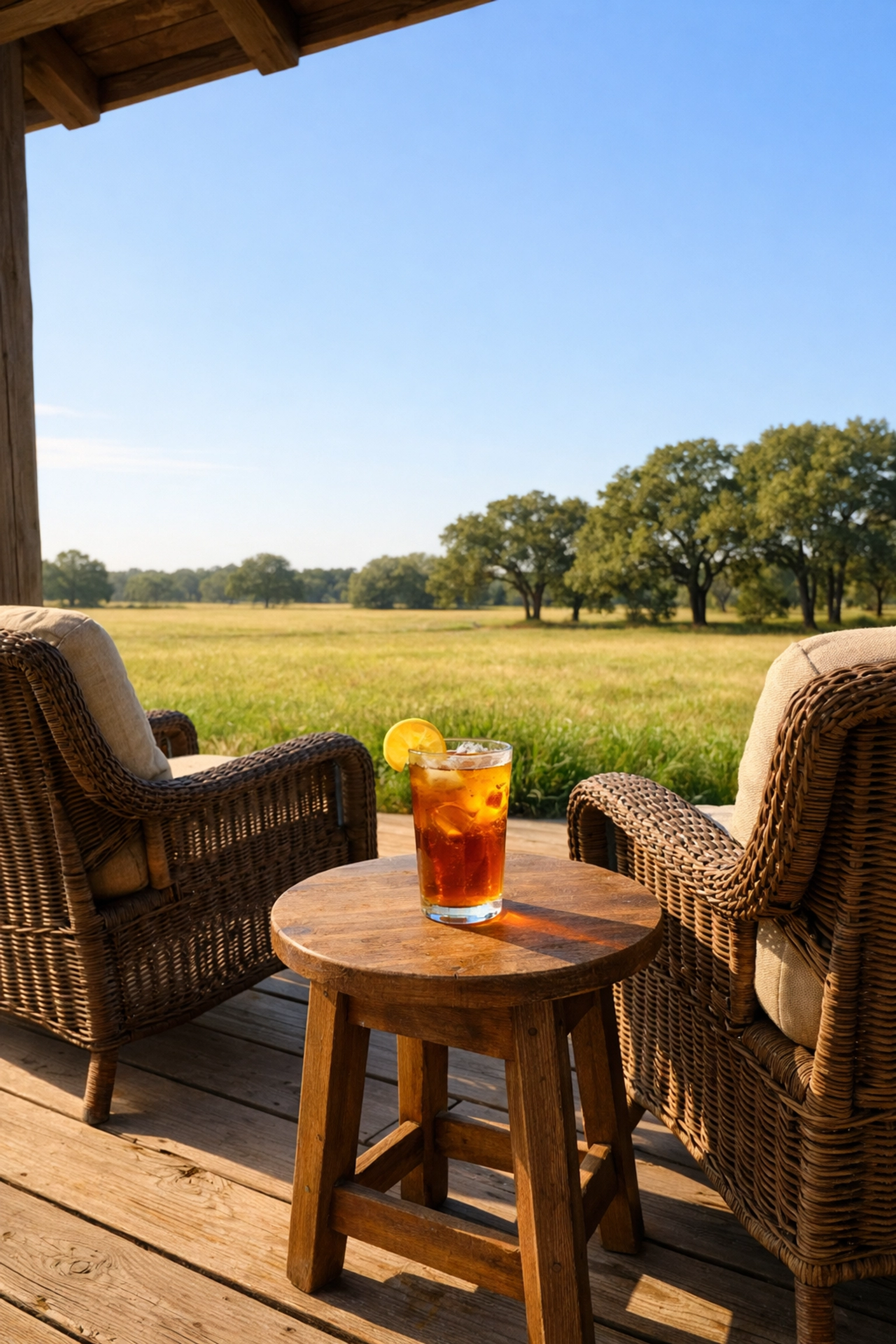 A peaceful front porch with wicker chairs overlooking a green field in the quiet Kaufman County countryside.