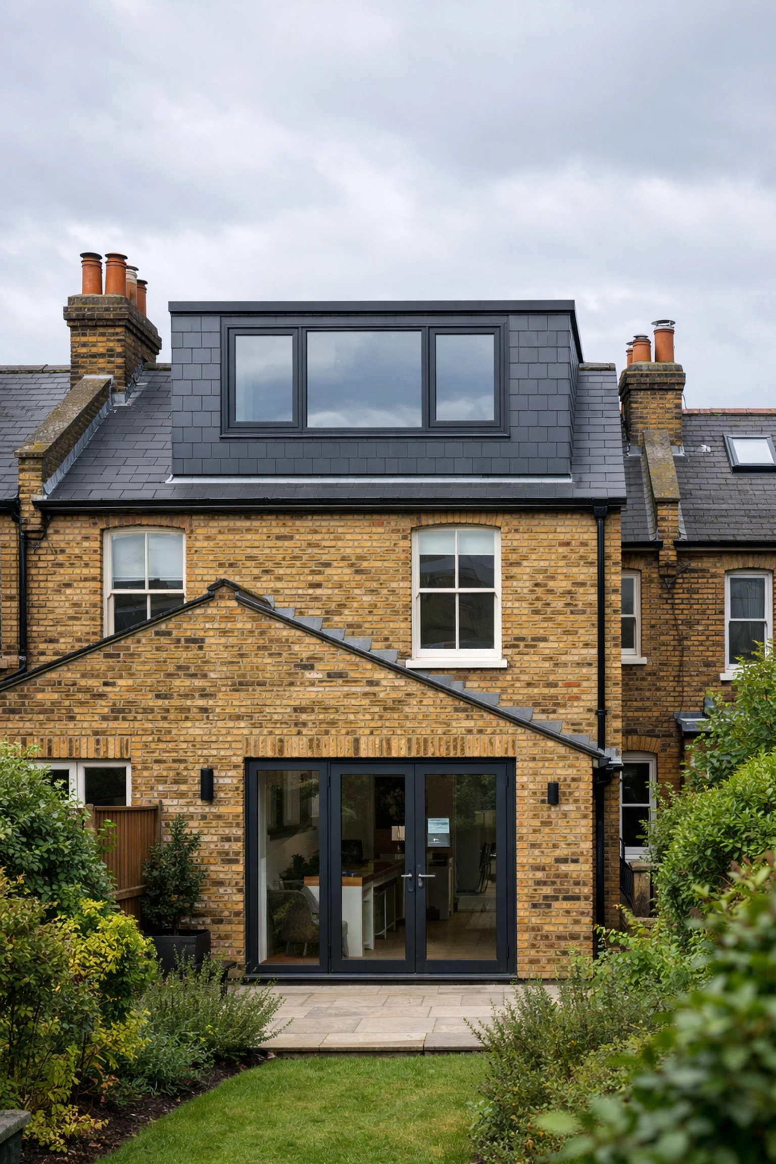 Rear view of a box dormer loft conversion on a Victorian terraced house in London.