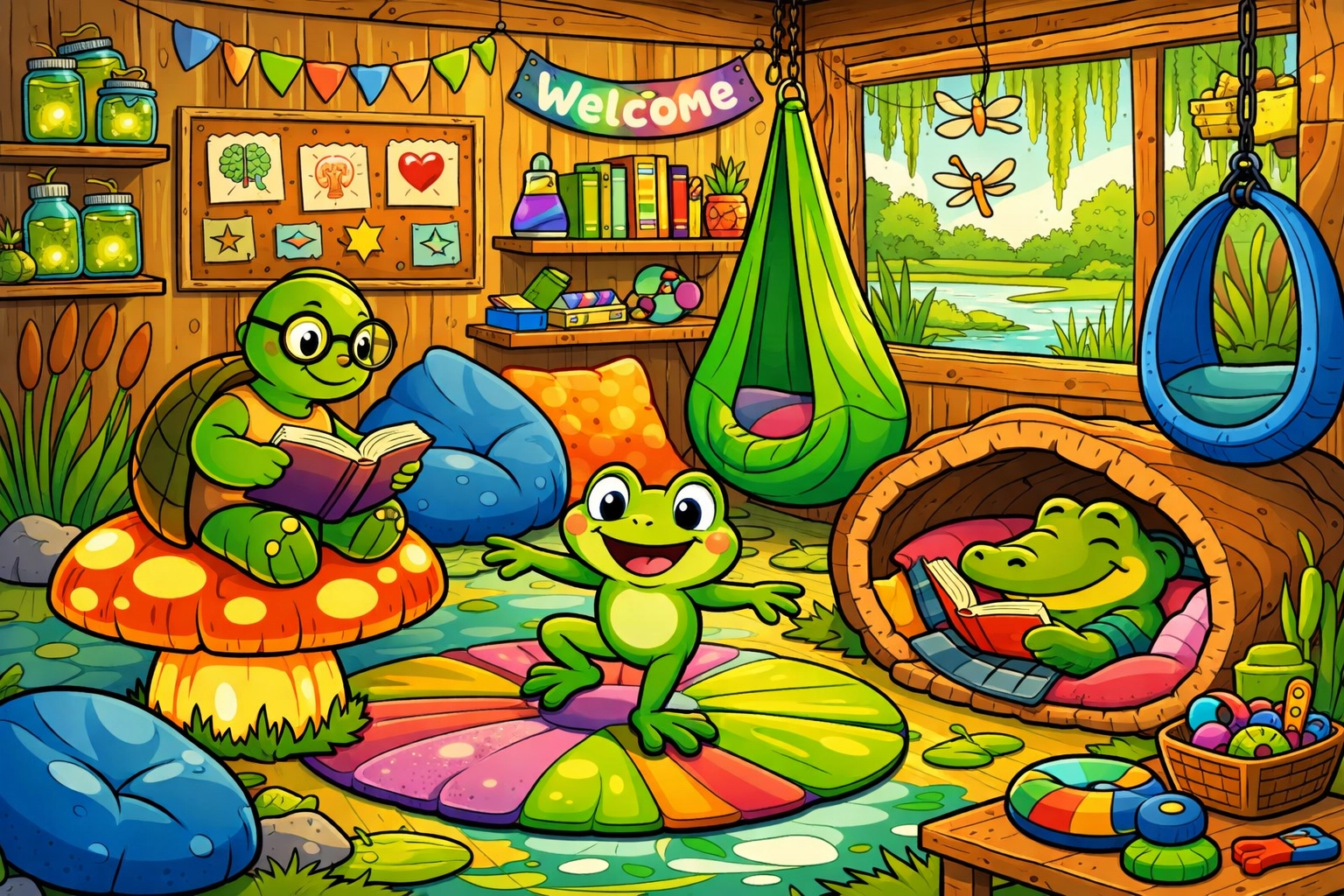 Whimsical swamp-themed classroom with flexible seating and sensory-friendly zones for neuro-inclusive learning.
