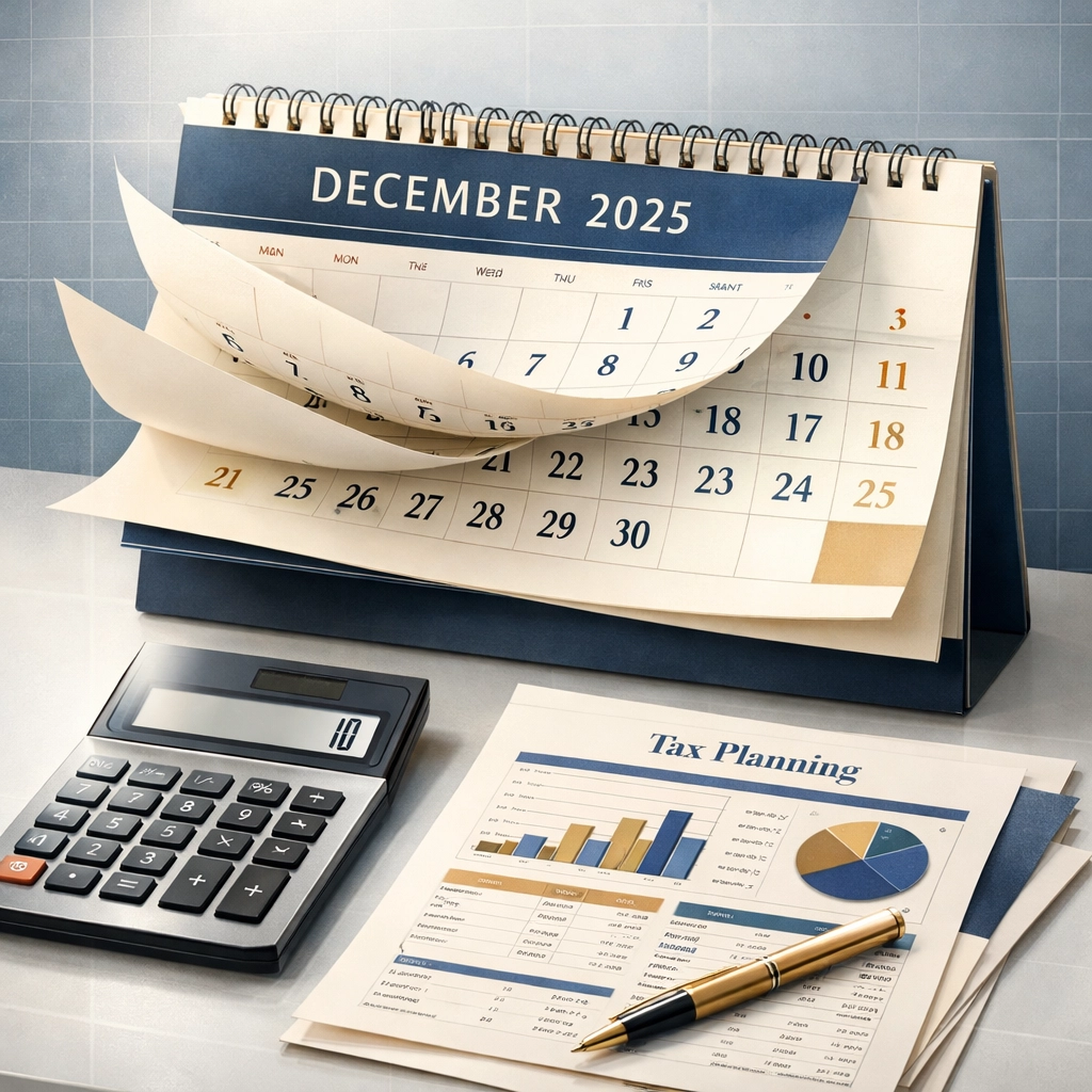 Calendar transitioning from 2025 to 2026 with calculator illustrating tax planning timing for divorce