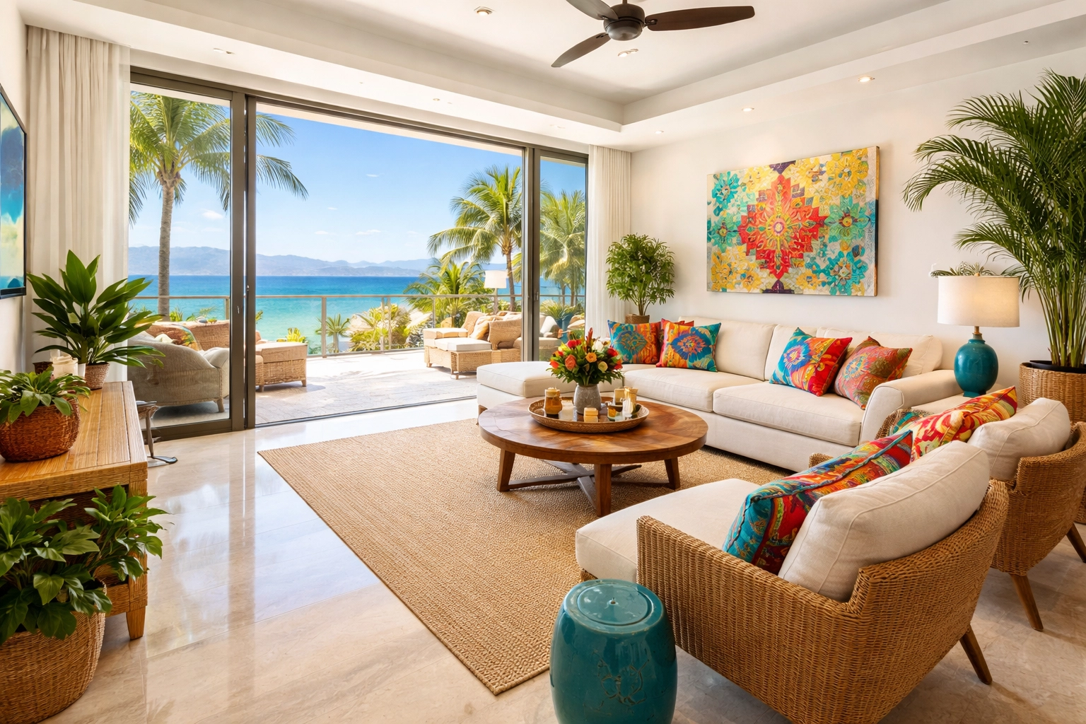 Bright modern condo living room in Puerto Vallarta with ocean view windows, tropical plants, and vibrant decor