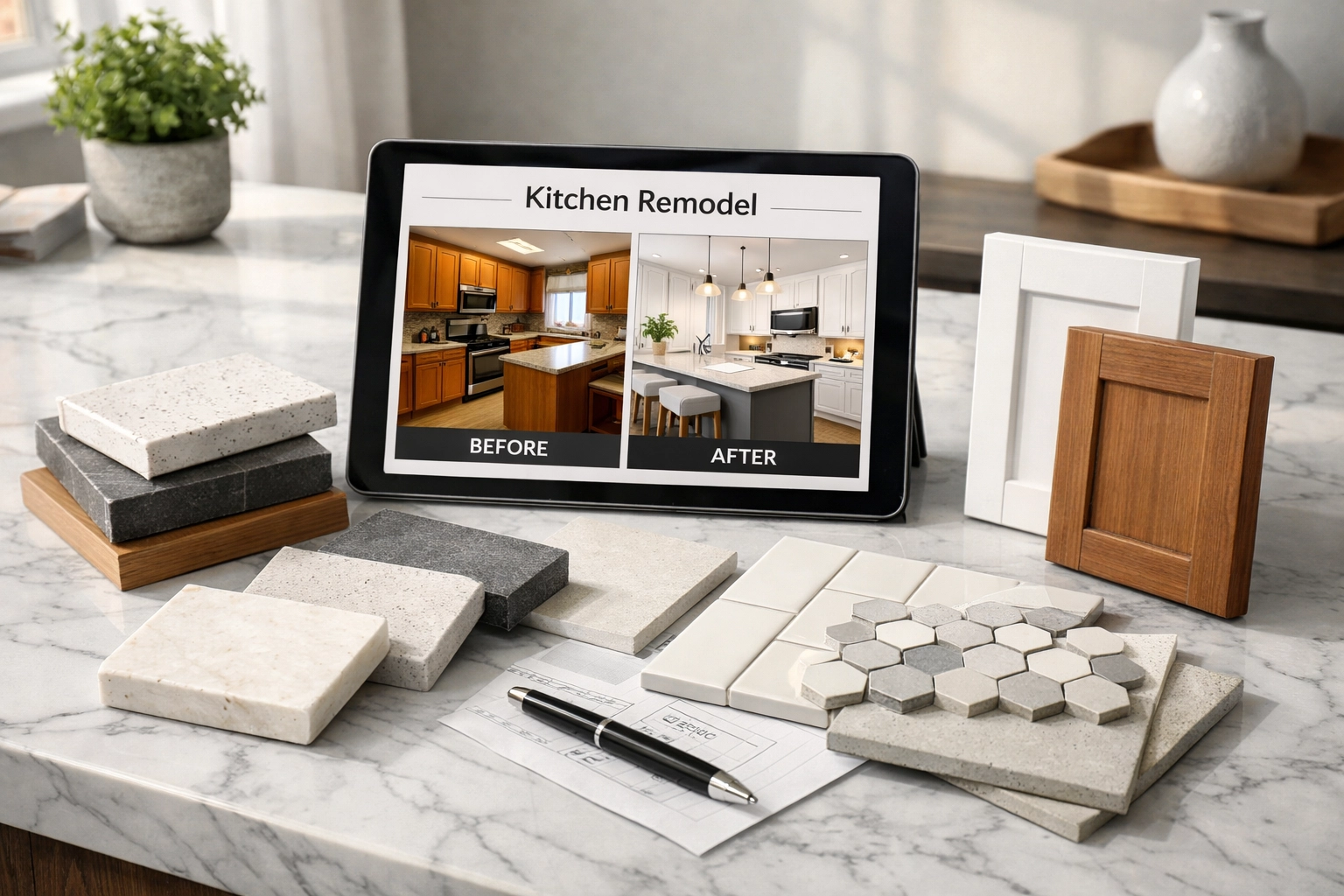 Remodeling contractor portfolio showing kitchen renovation samples and materials
