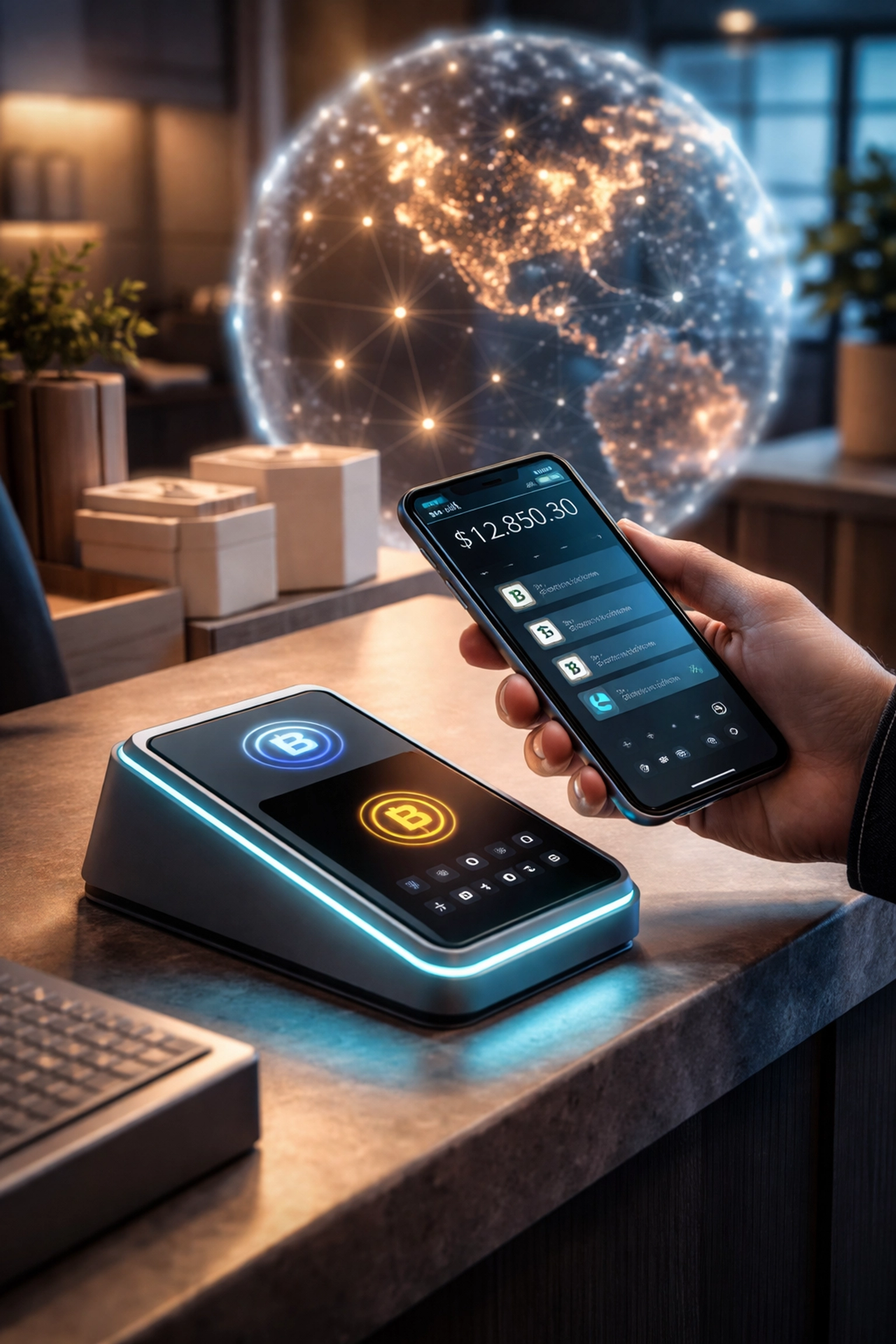 Small business merchant using crypto POS payment terminal with global payment network connectivity