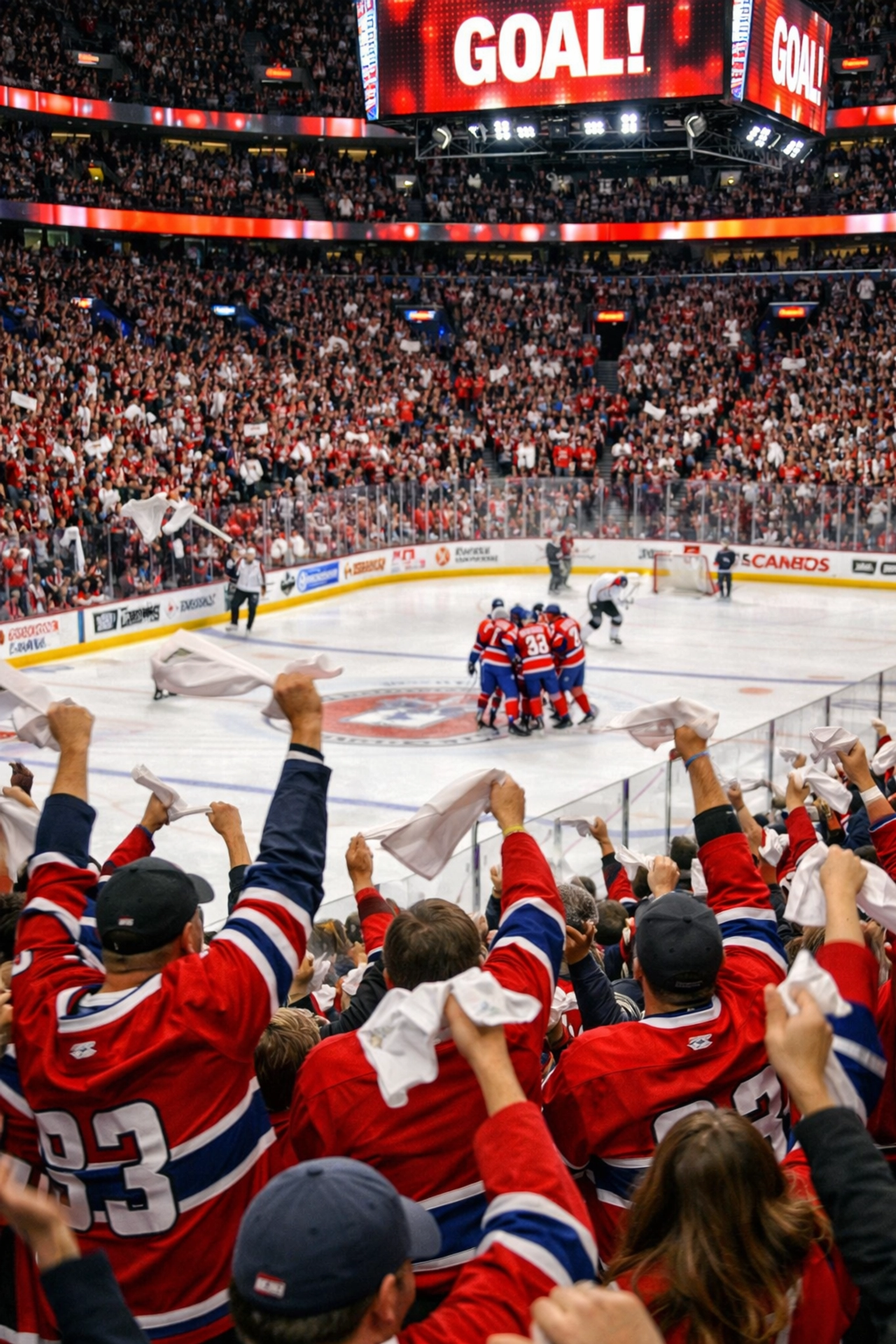 Montreal Canadiens fans celebrating a goal with raised arms and towels at the Bell Centre.