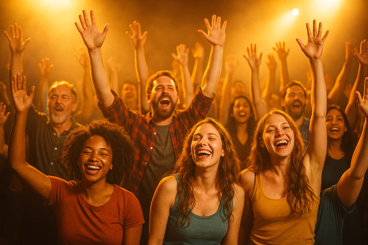 A lively and ecstatic crowd cheers enthusiastically at a concert, their hands raised in the air, capturing the essence of collective joy and energy amidst warm, glowing lights.