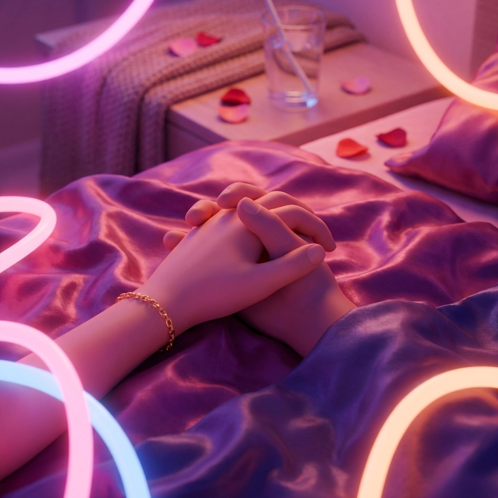 Gentle intertwined hands on satin sheets with neon lights, representing BDSM aftercare and emotional connection.