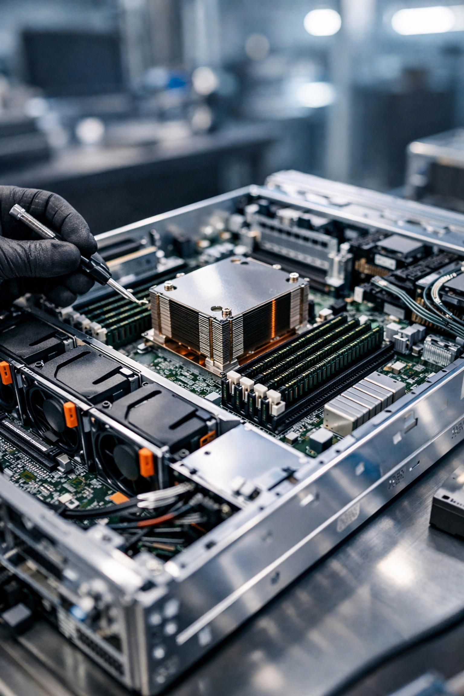 Close-up of an enterprise server being refurbished to support sustainability and ITAD circular economy goals.